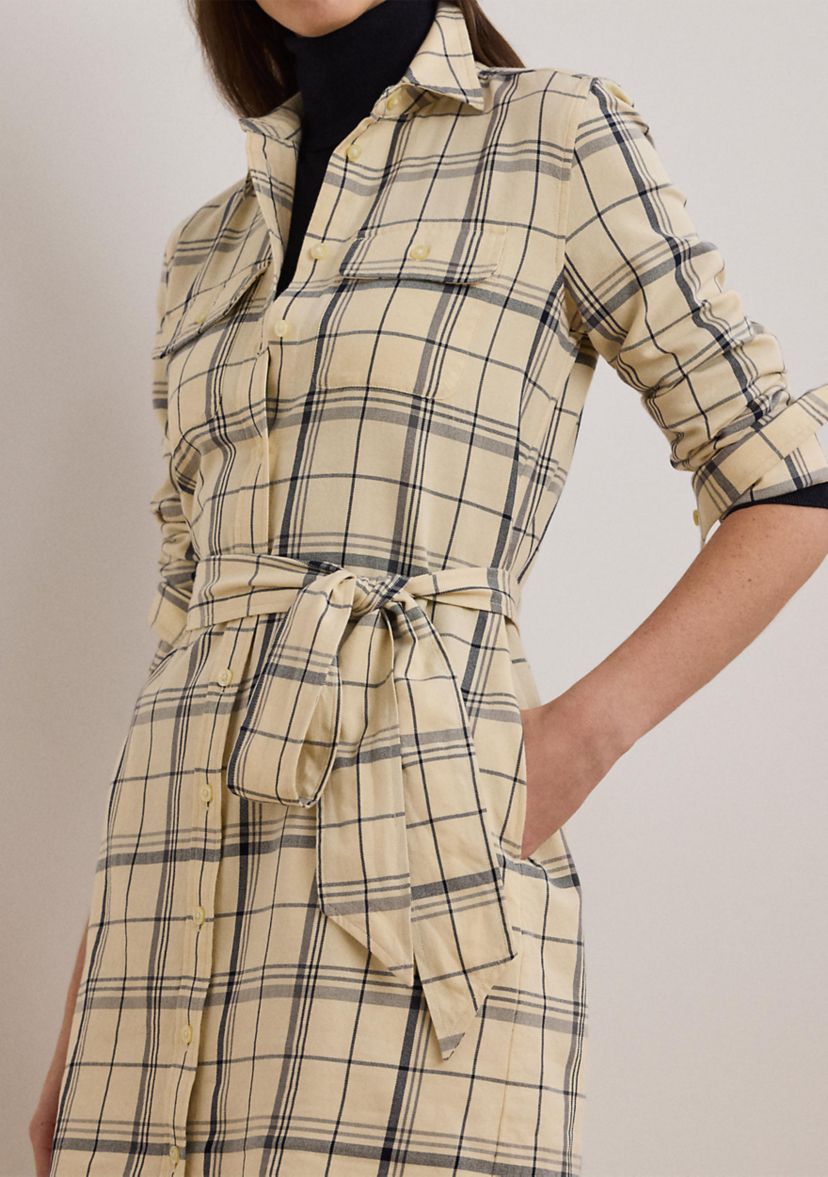 Womens Plaid Belted Twill Cotton Shirtdress