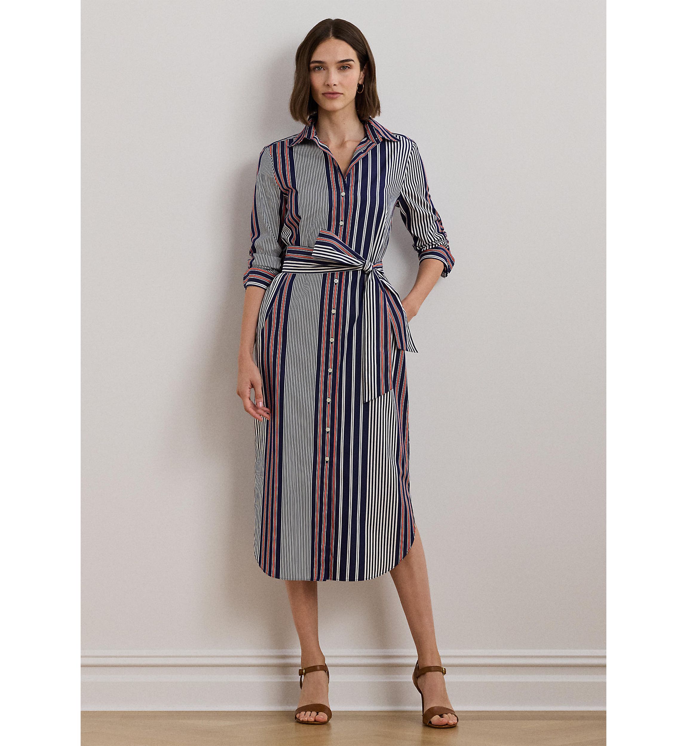 Womens Striped Cotton Broadcloth Shirtdress