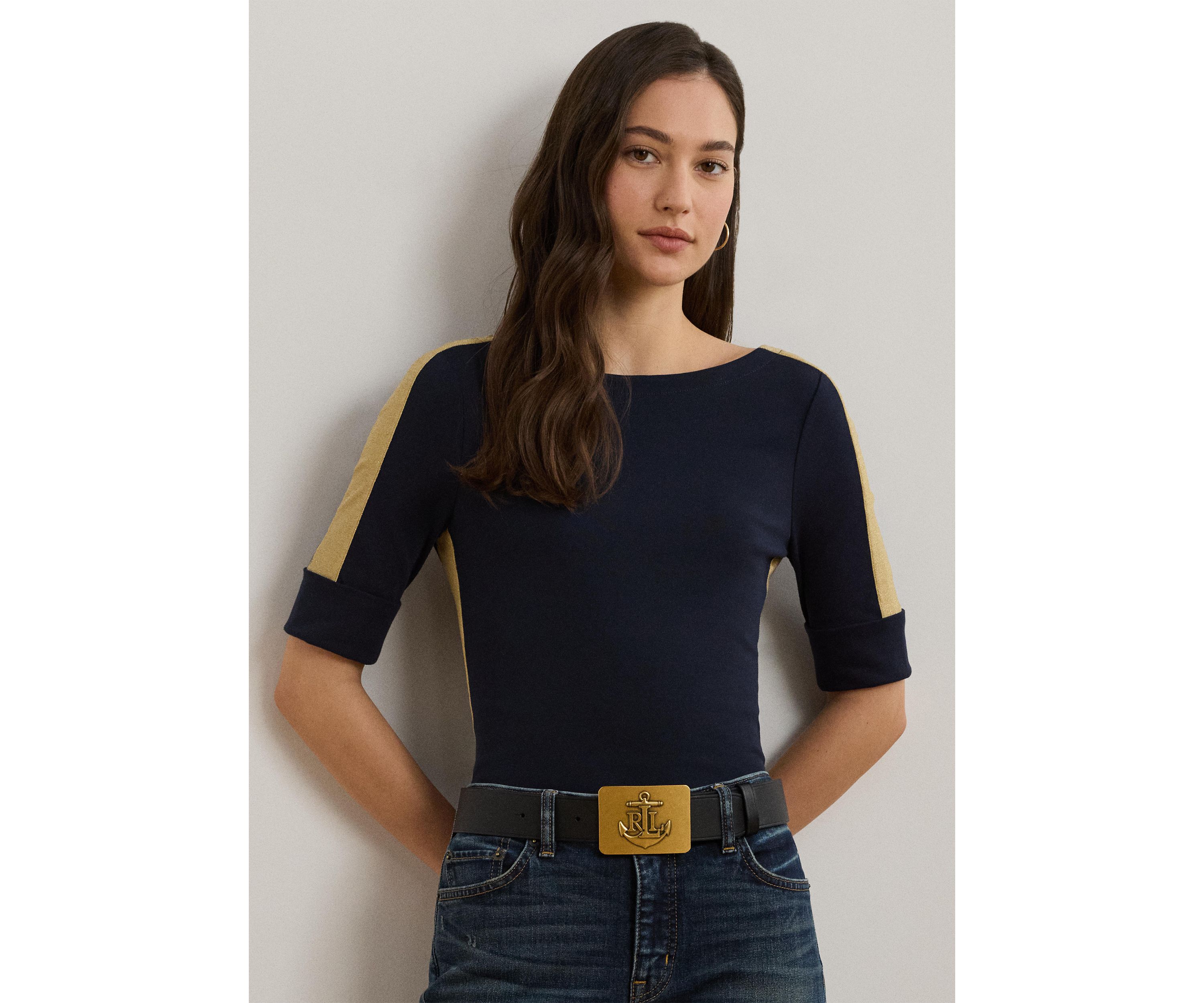 Two Tone Stretch Cotton Elbow Sleeve T-Shirt