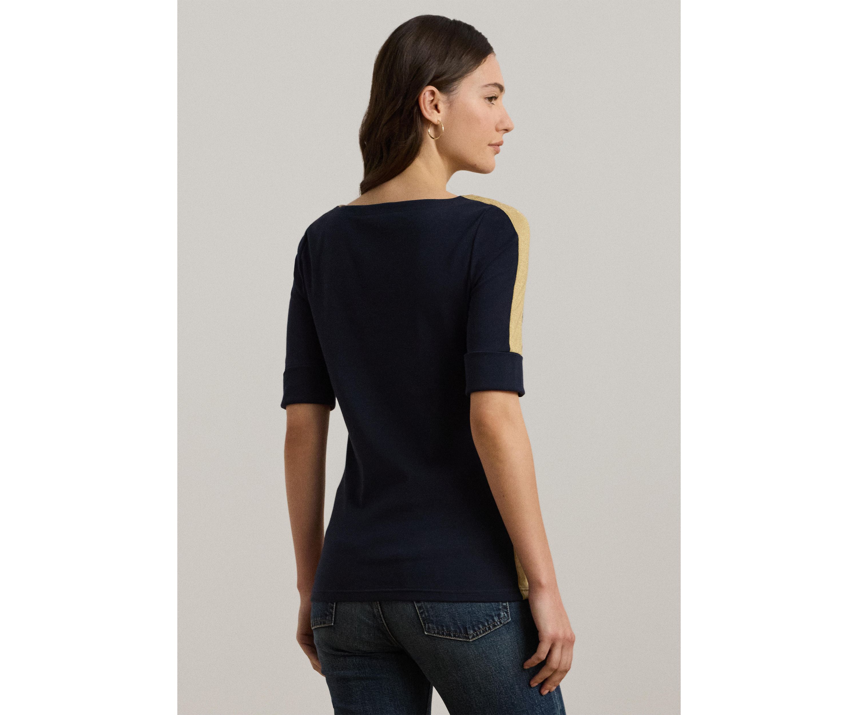 Two Tone Stretch Cotton Elbow Sleeve T-Shirt