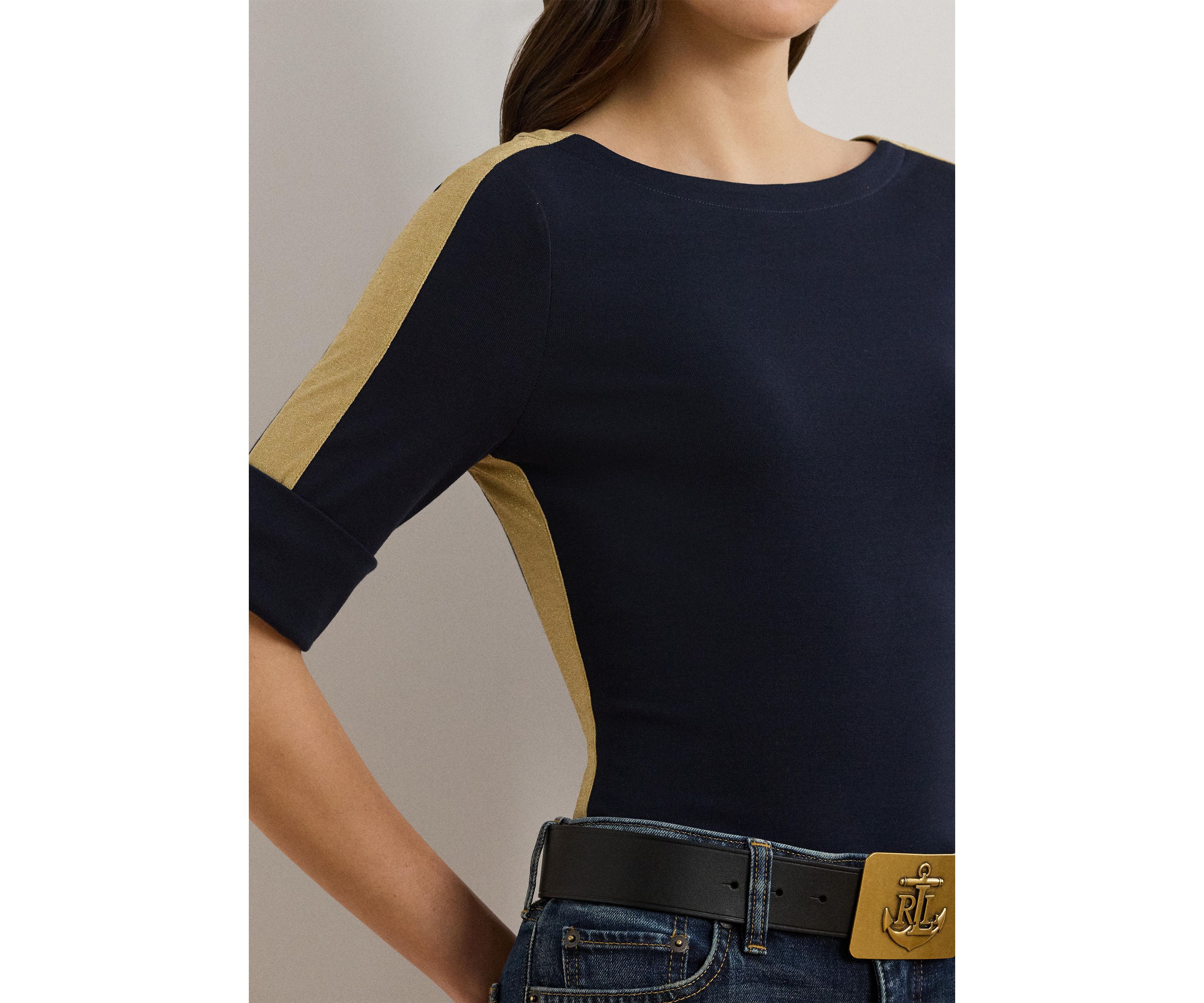 Two Tone Stretch Cotton Elbow Sleeve T-Shirt