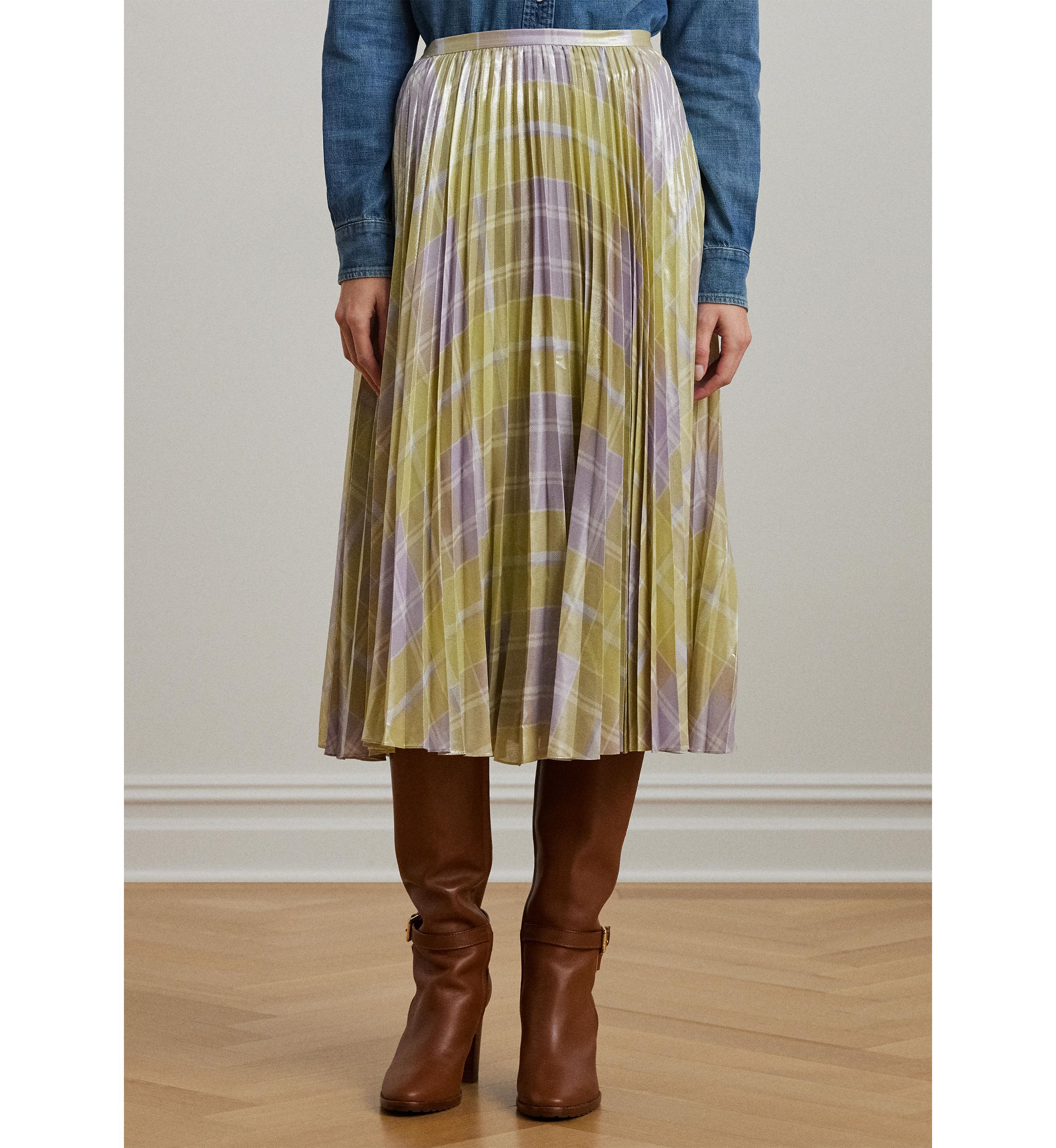 Womens Checked Plaid Pleated Georgette Skirt