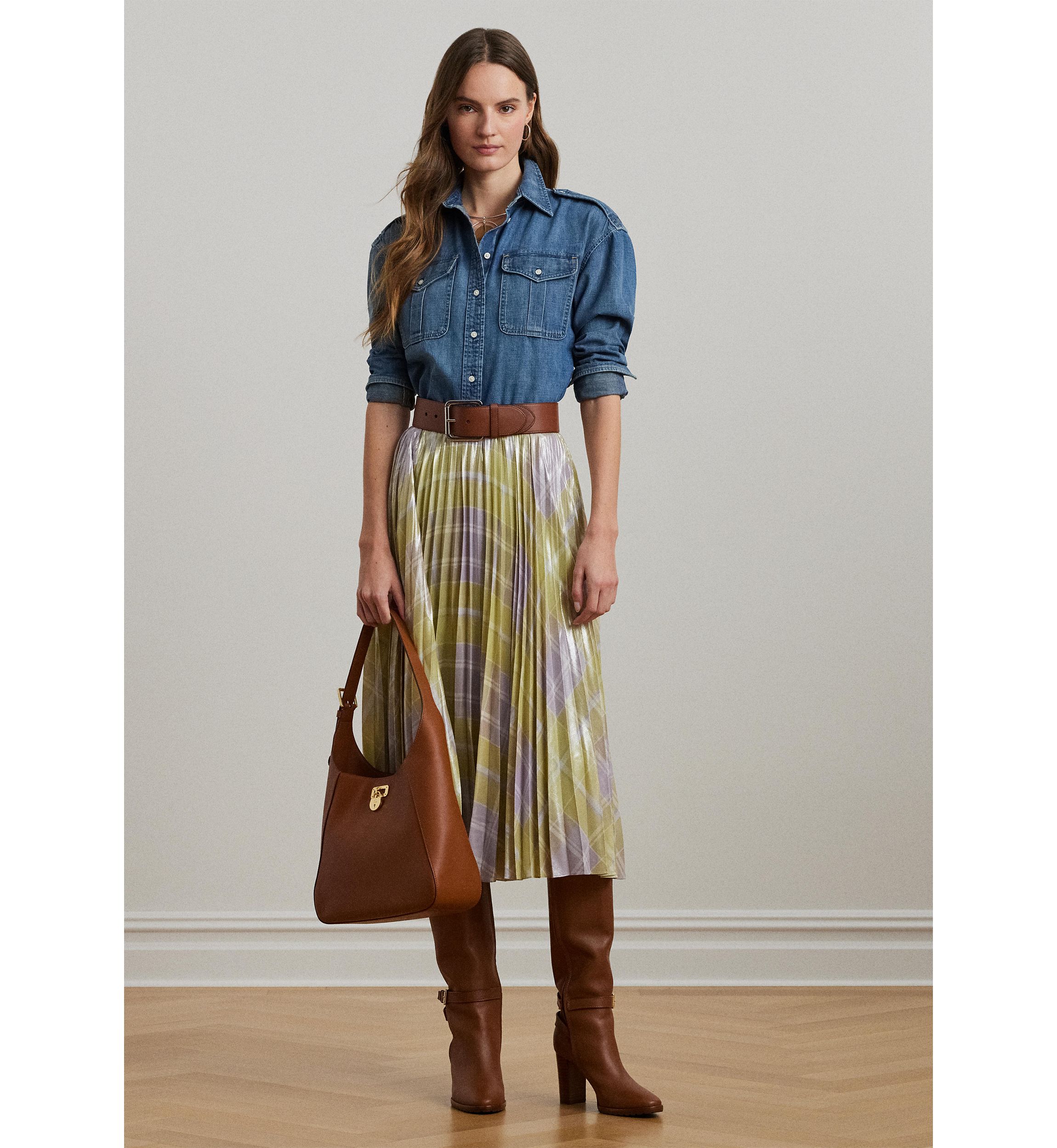 Womens Checked Plaid Pleated Georgette Skirt