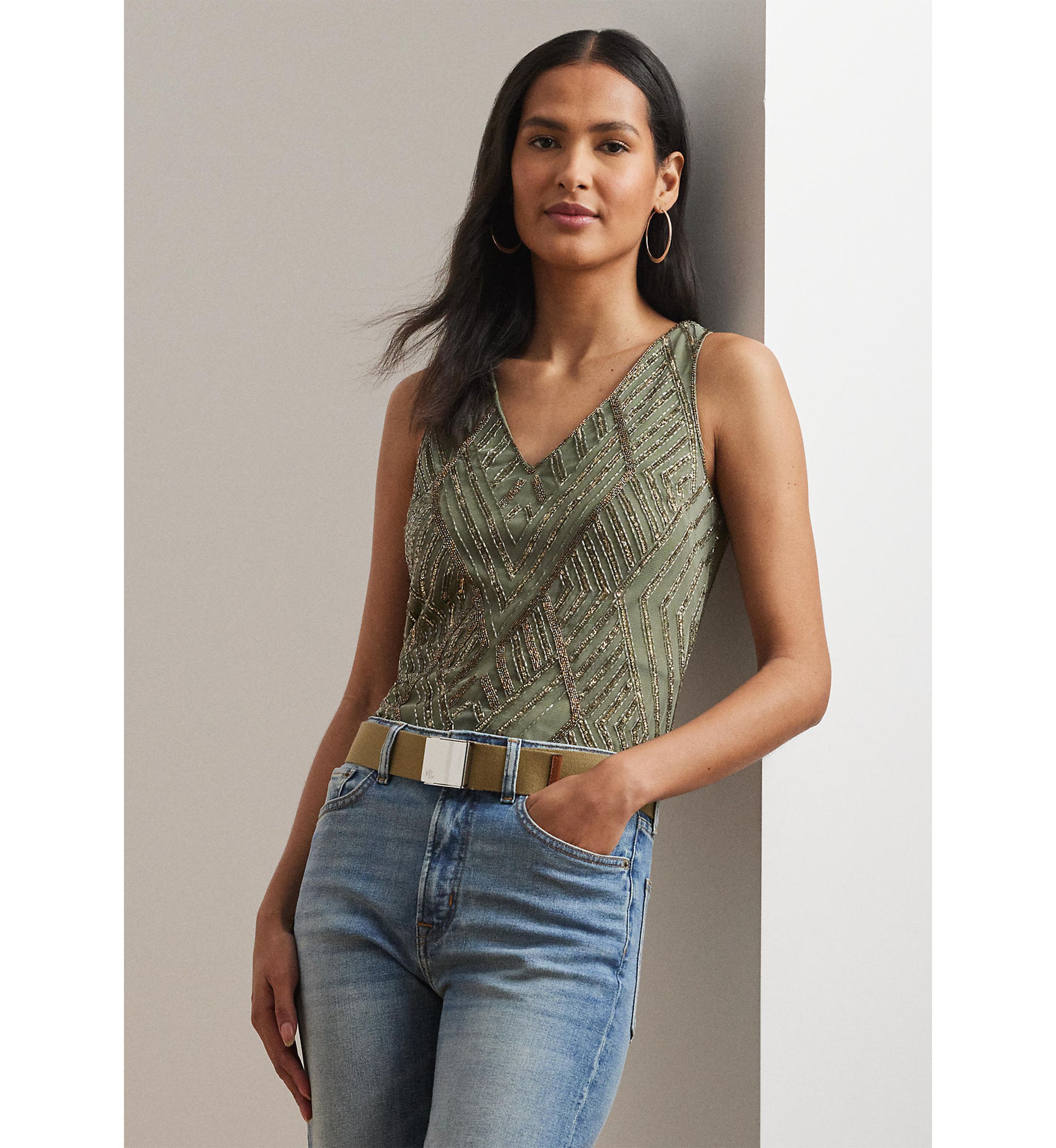 Beaded Mesh Sleeveless Blouse