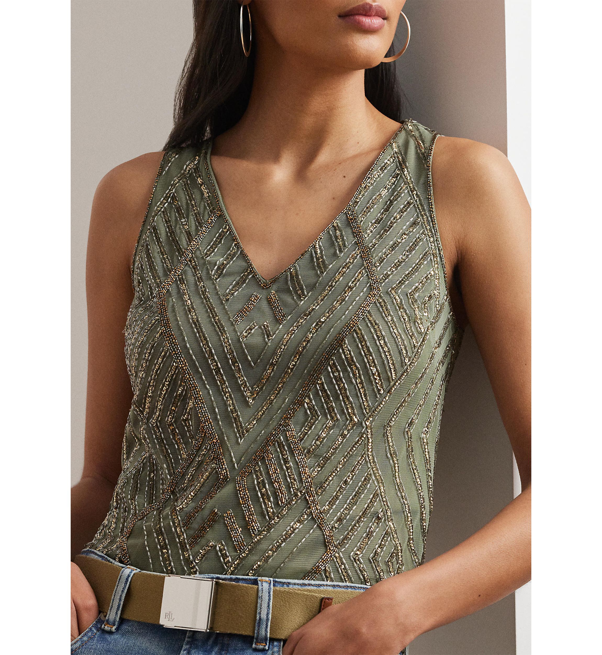 Beaded Mesh Sleeveless Blouse