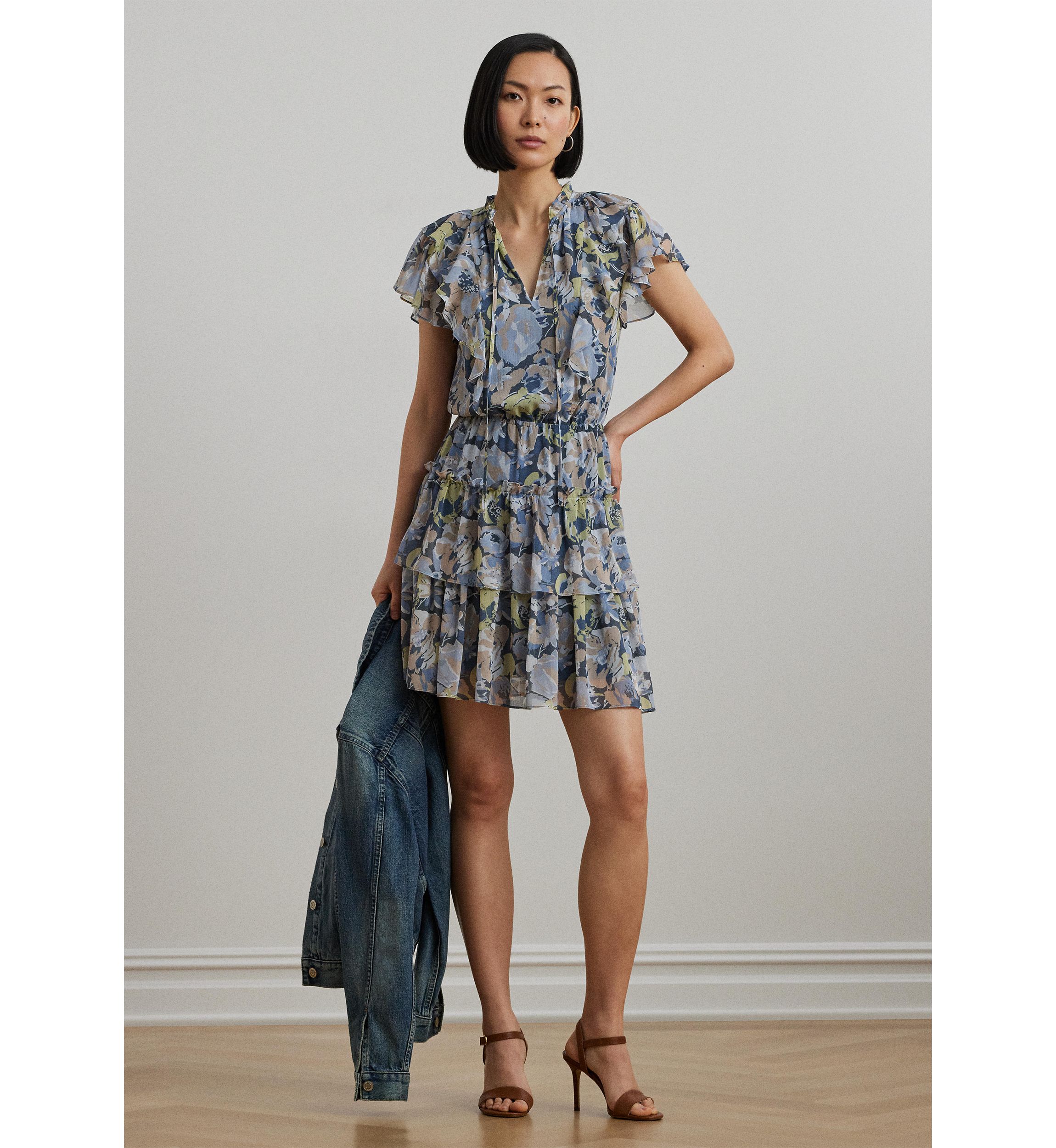 Womens Floral Ruffle-Trim Georgette Dress