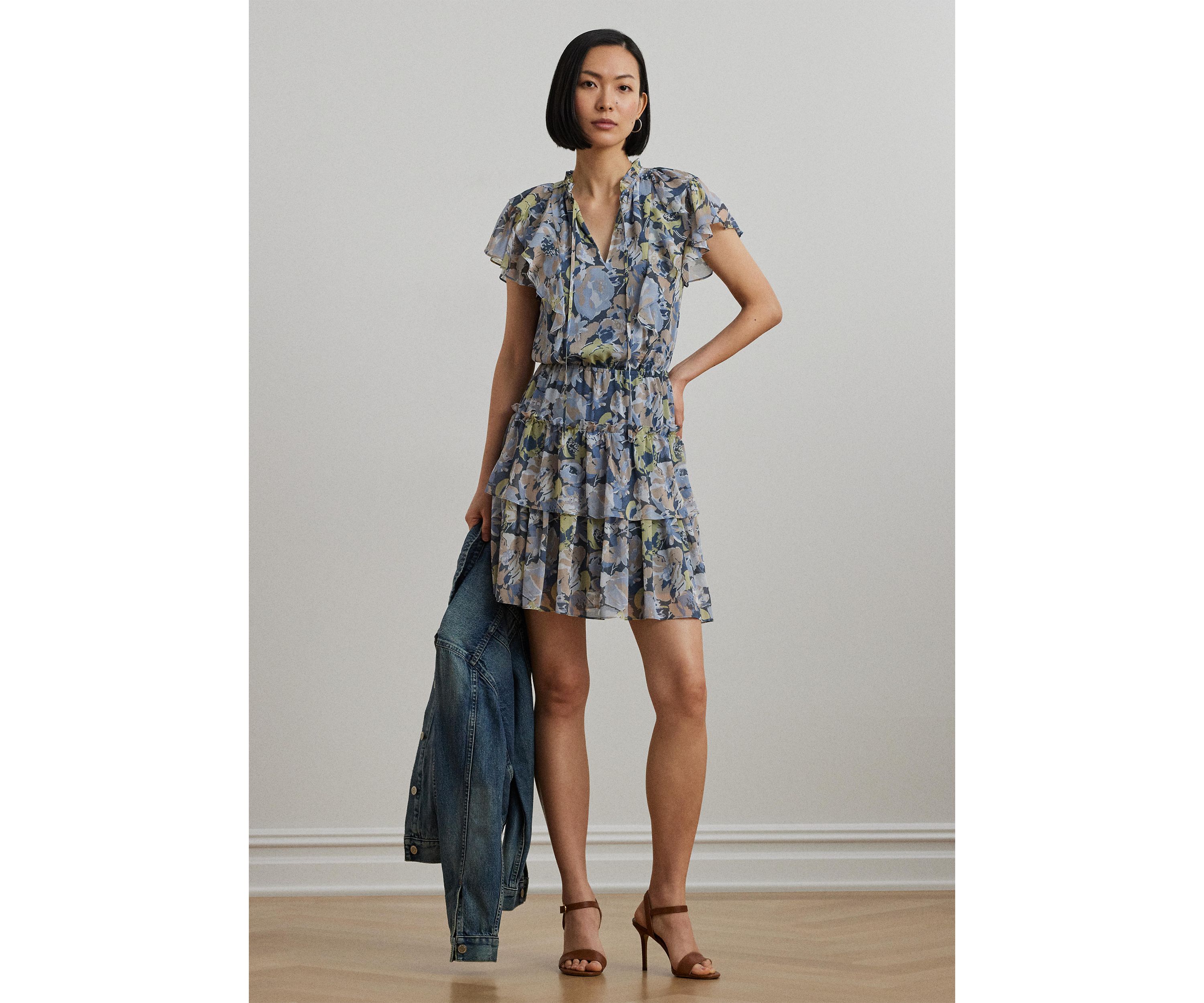 Womens Floral Ruffle-Trim Georgette Dress