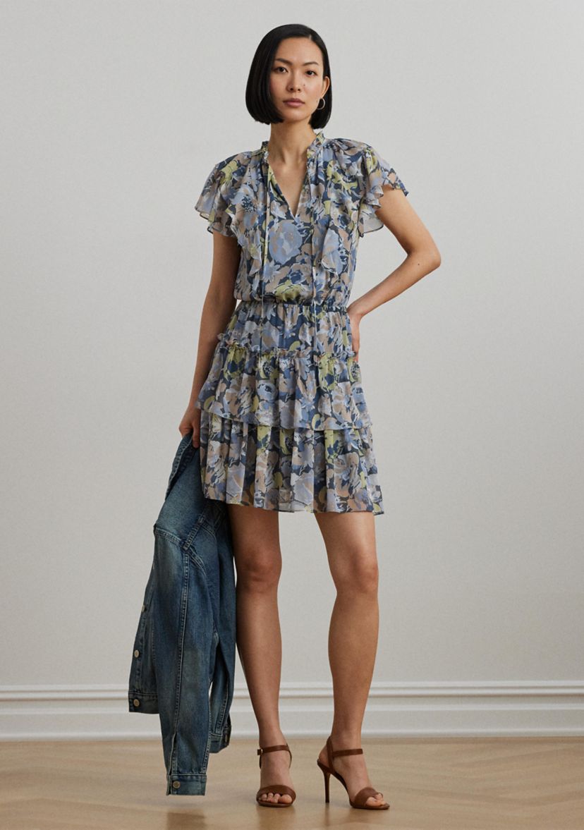 Womens Floral Ruffle-Trim Georgette Dress