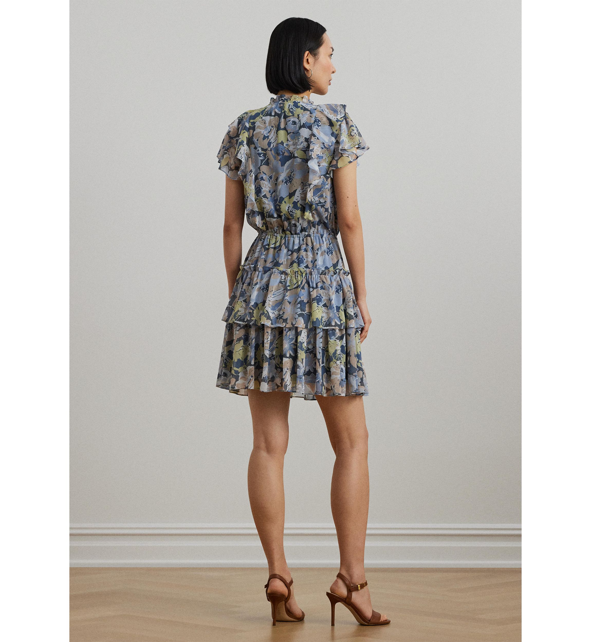 Womens Floral Ruffle-Trim Georgette Dress