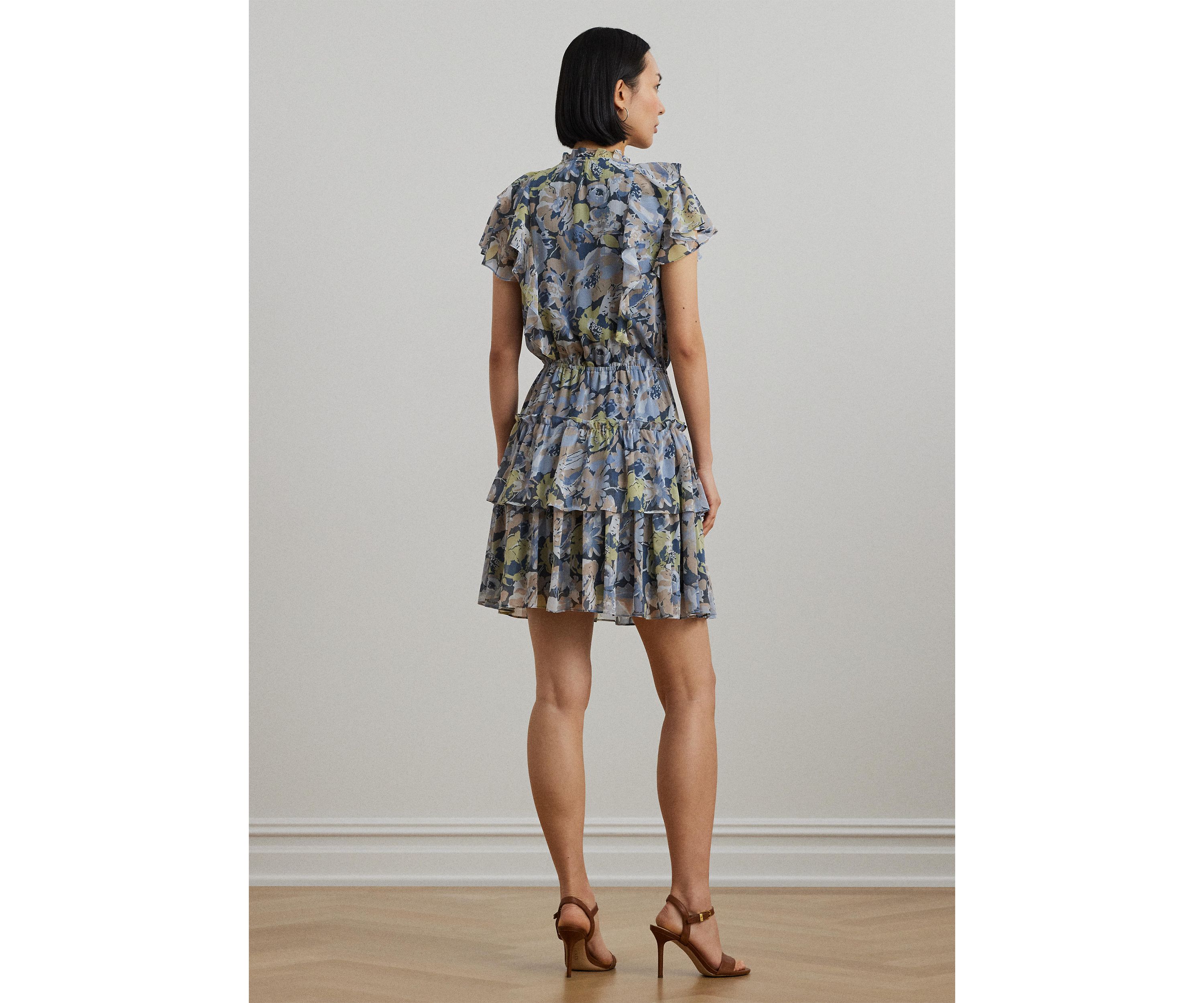 Womens Floral Ruffle-Trim Georgette Dress