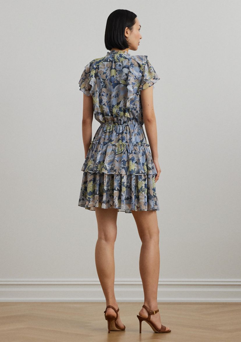 Womens Floral Ruffle-Trim Georgette Dress