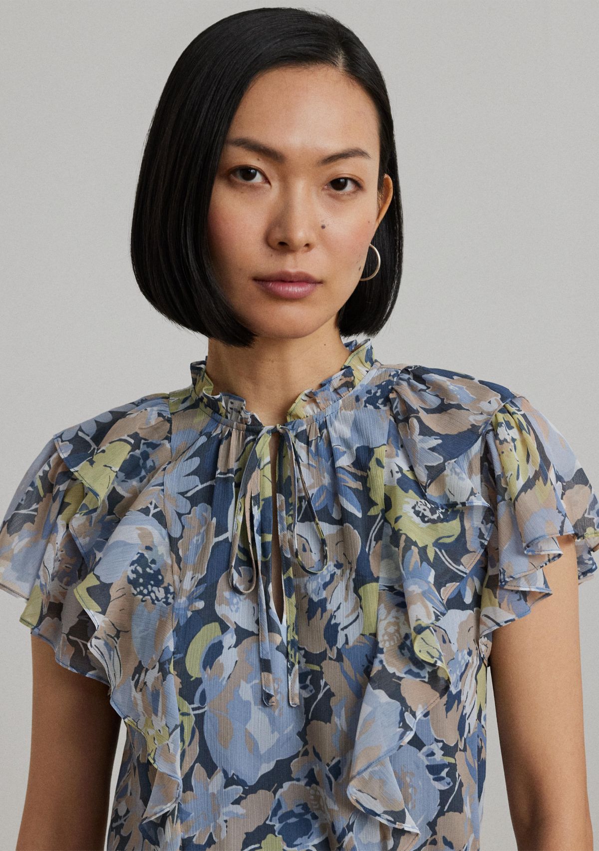 Womens Floral Ruffle-Trim Georgette Dress