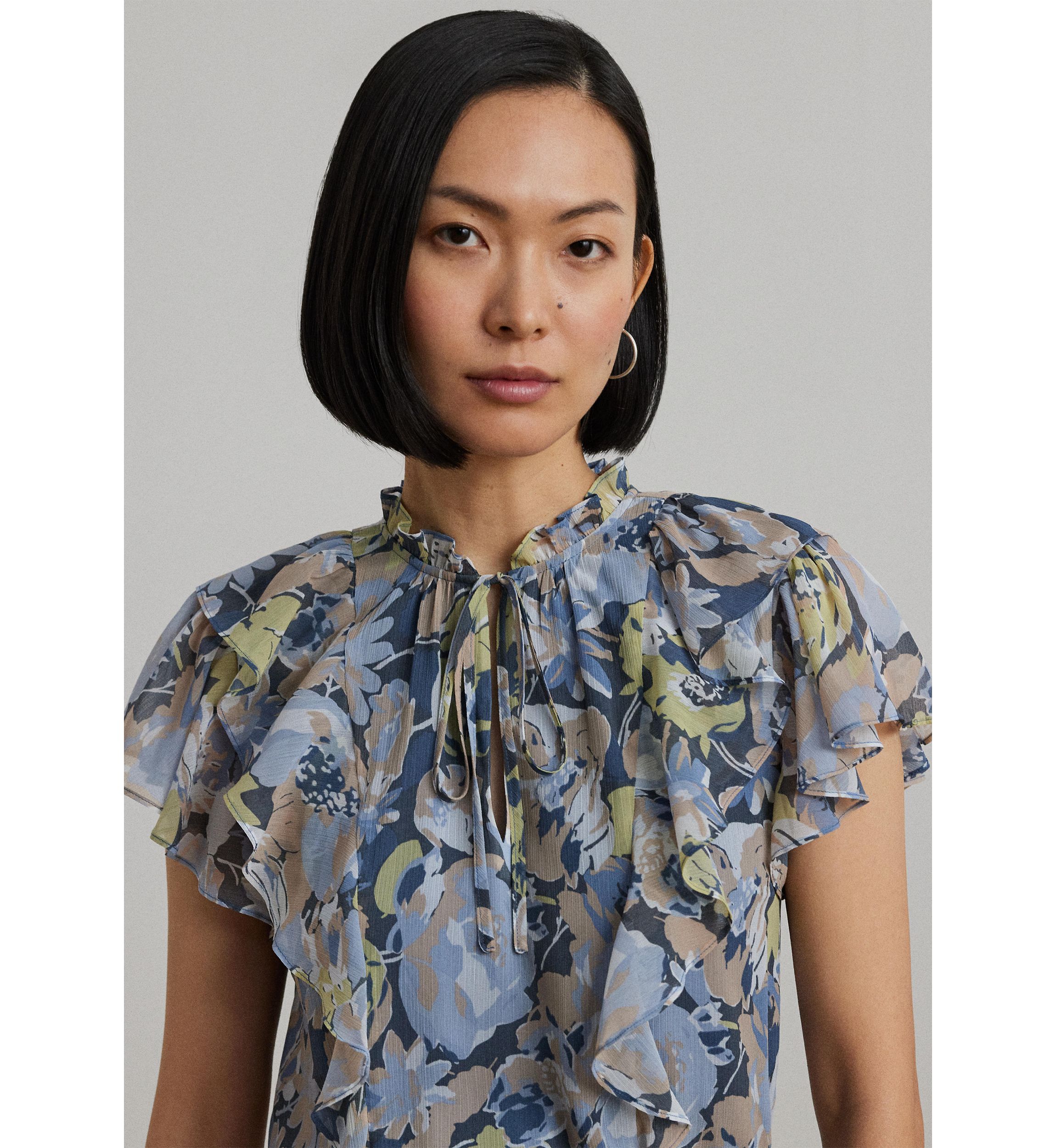 Womens Floral Ruffle-Trim Georgette Dress