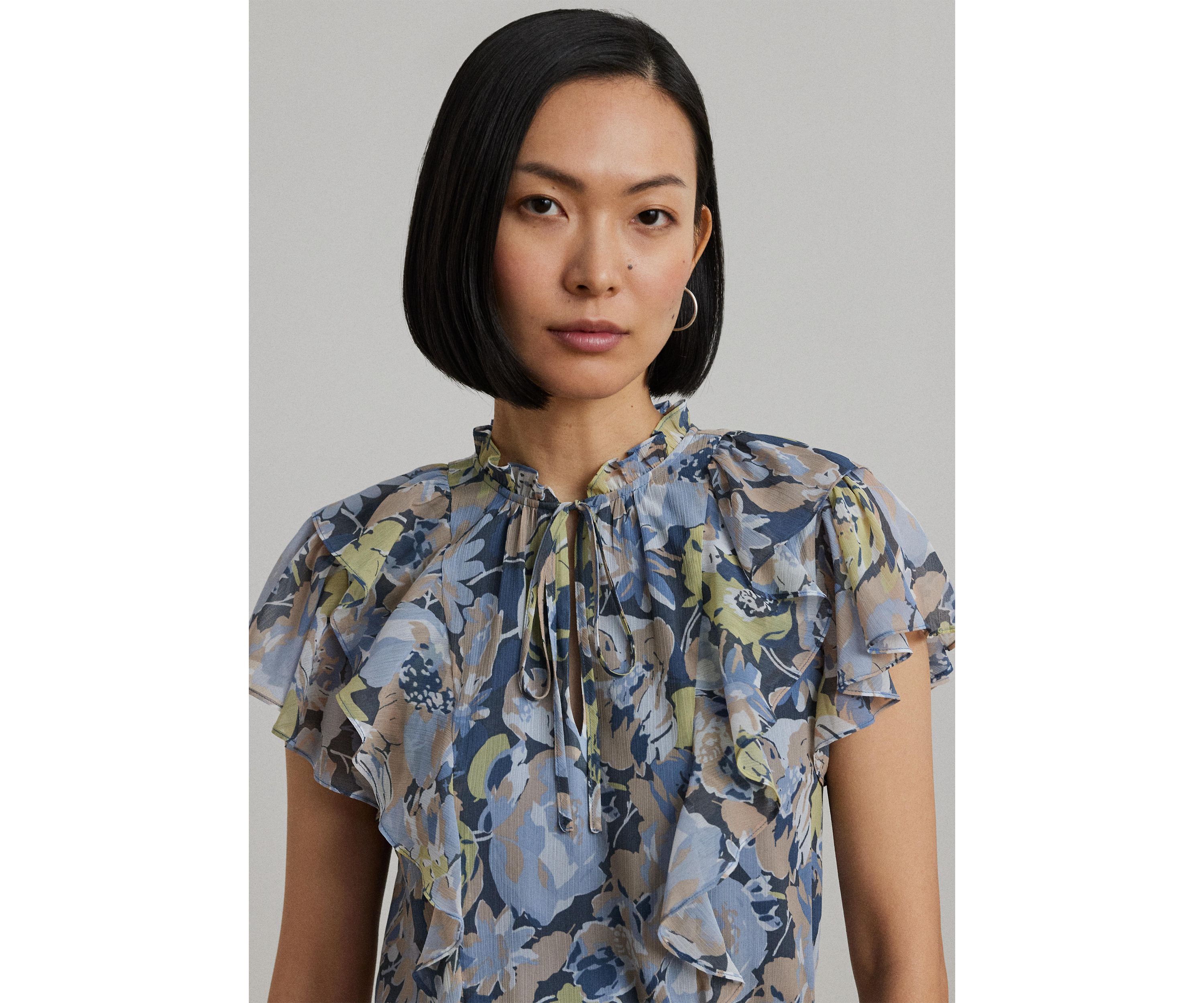 Womens Floral Ruffle-Trim Georgette Dress