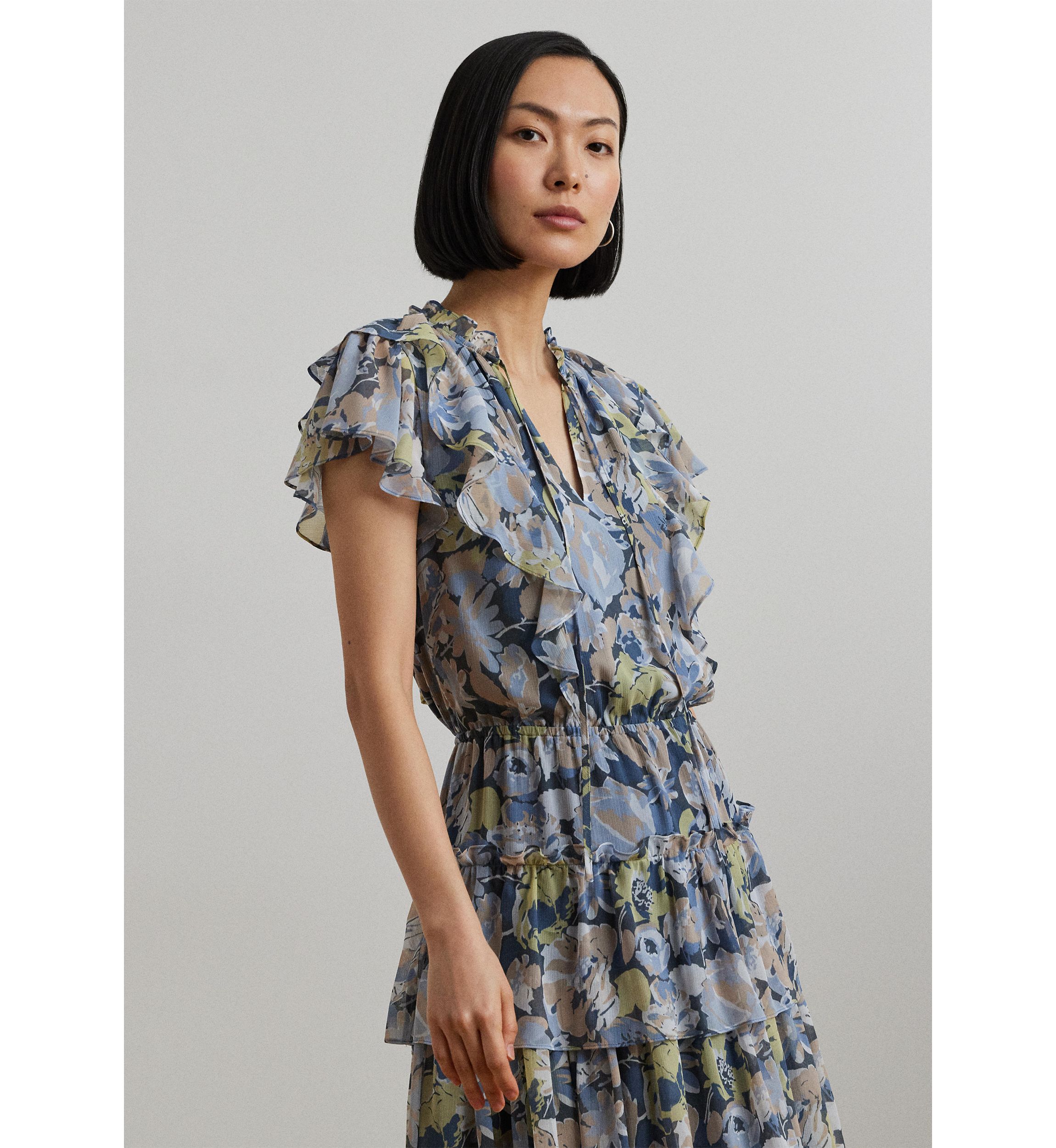 Womens Floral Ruffle-Trim Georgette Dress