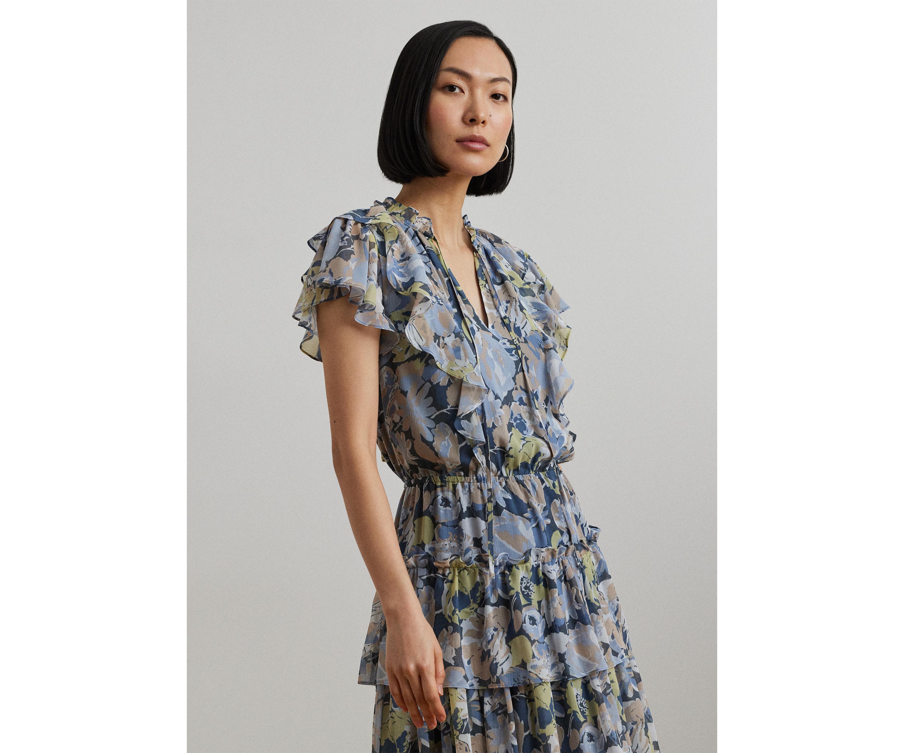 Womens Floral Ruffle-Trim Georgette Dress
