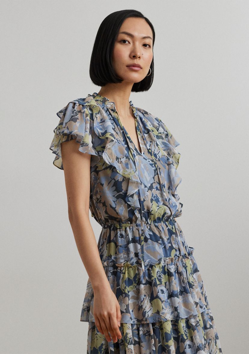 Womens Floral Ruffle-Trim Georgette Dress