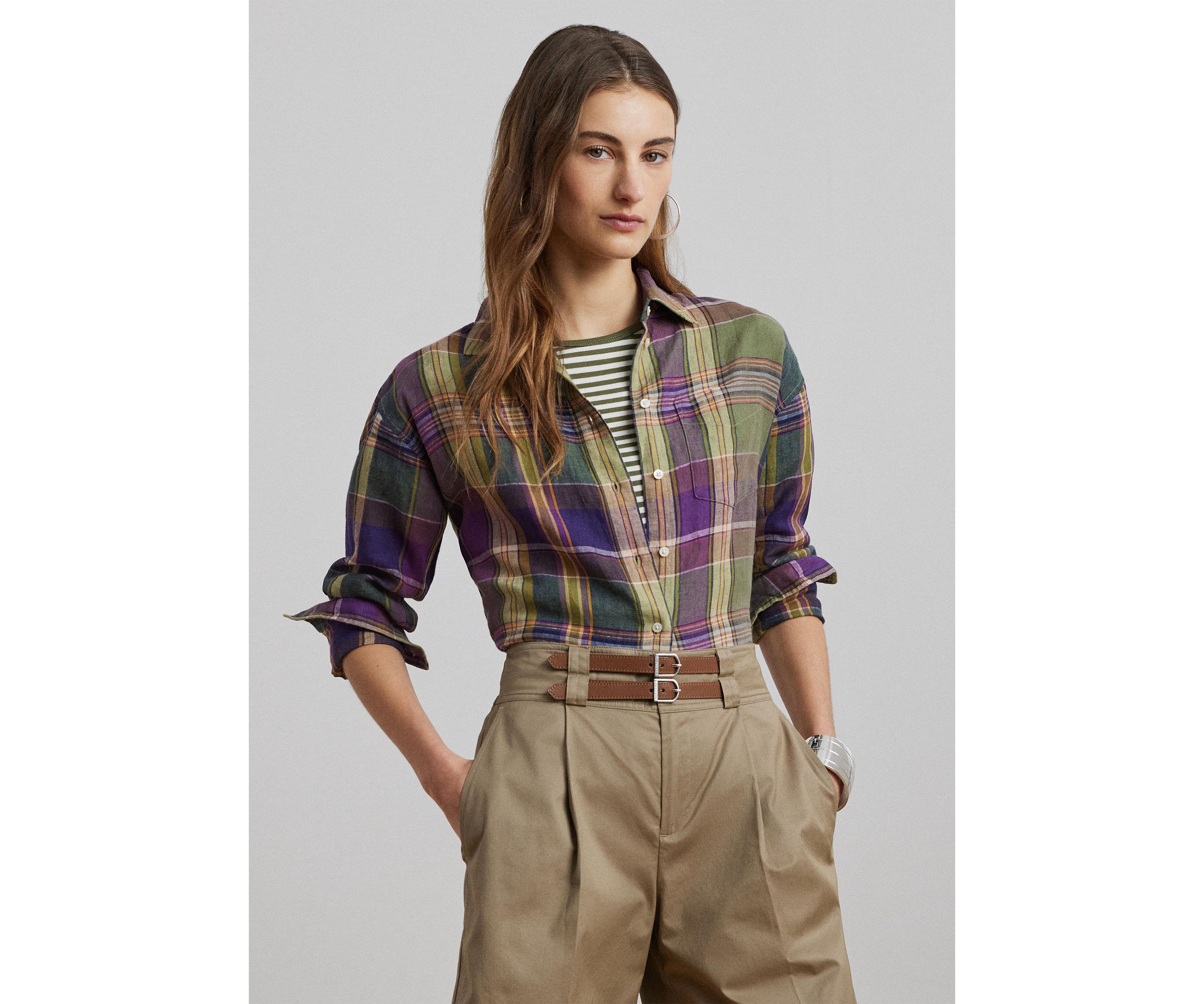 Womens Relaxed Fit Plaid Linen Shirt
