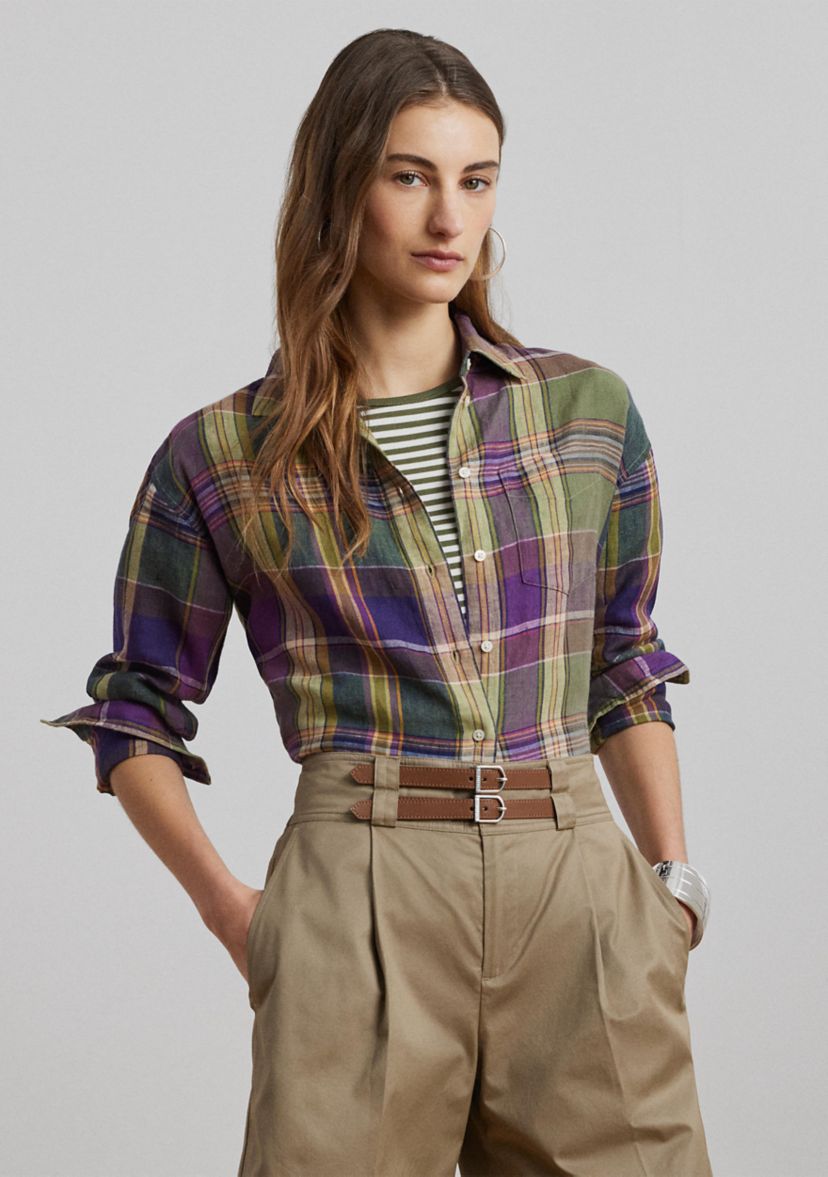 Womens Relaxed Fit Plaid Linen Shirt