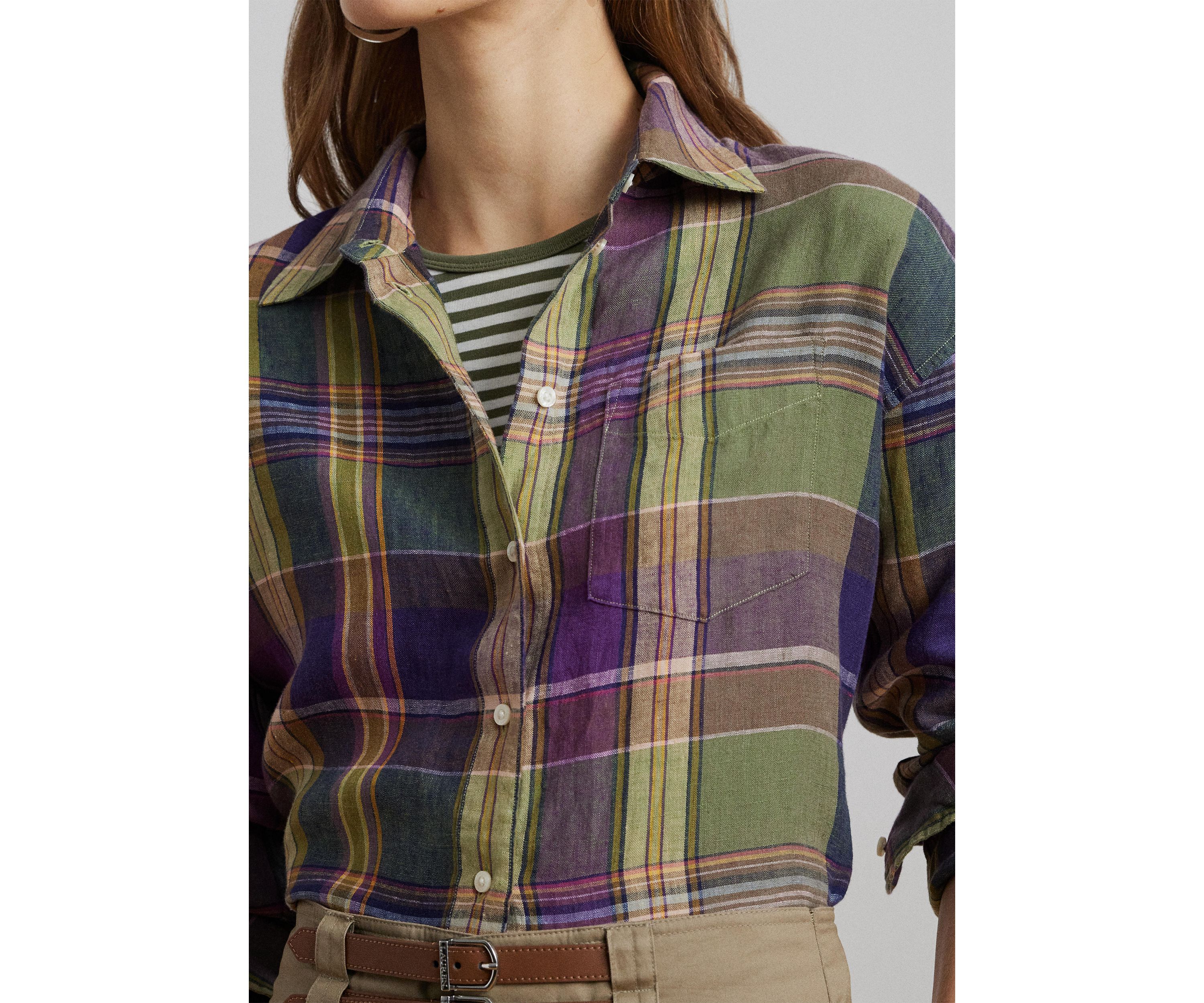 Womens Relaxed Fit Plaid Linen Shirt