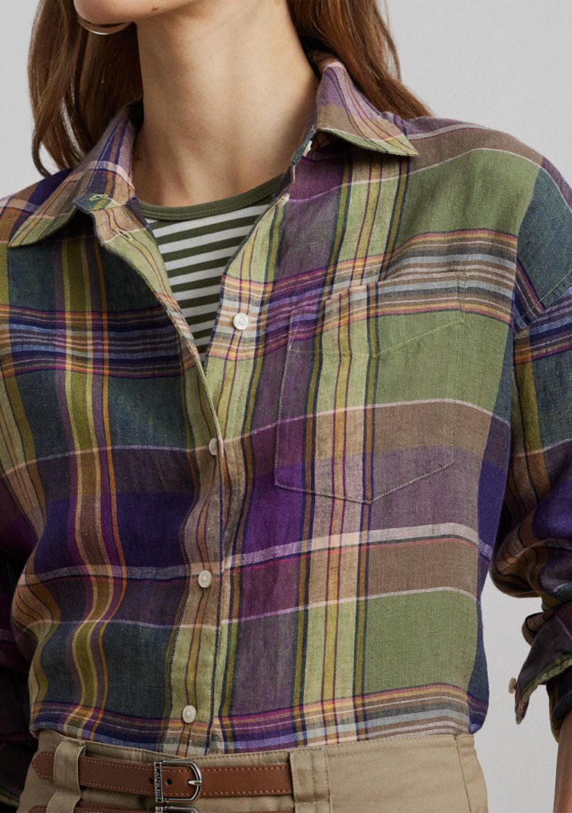 Womens Relaxed Fit Plaid Linen Shirt