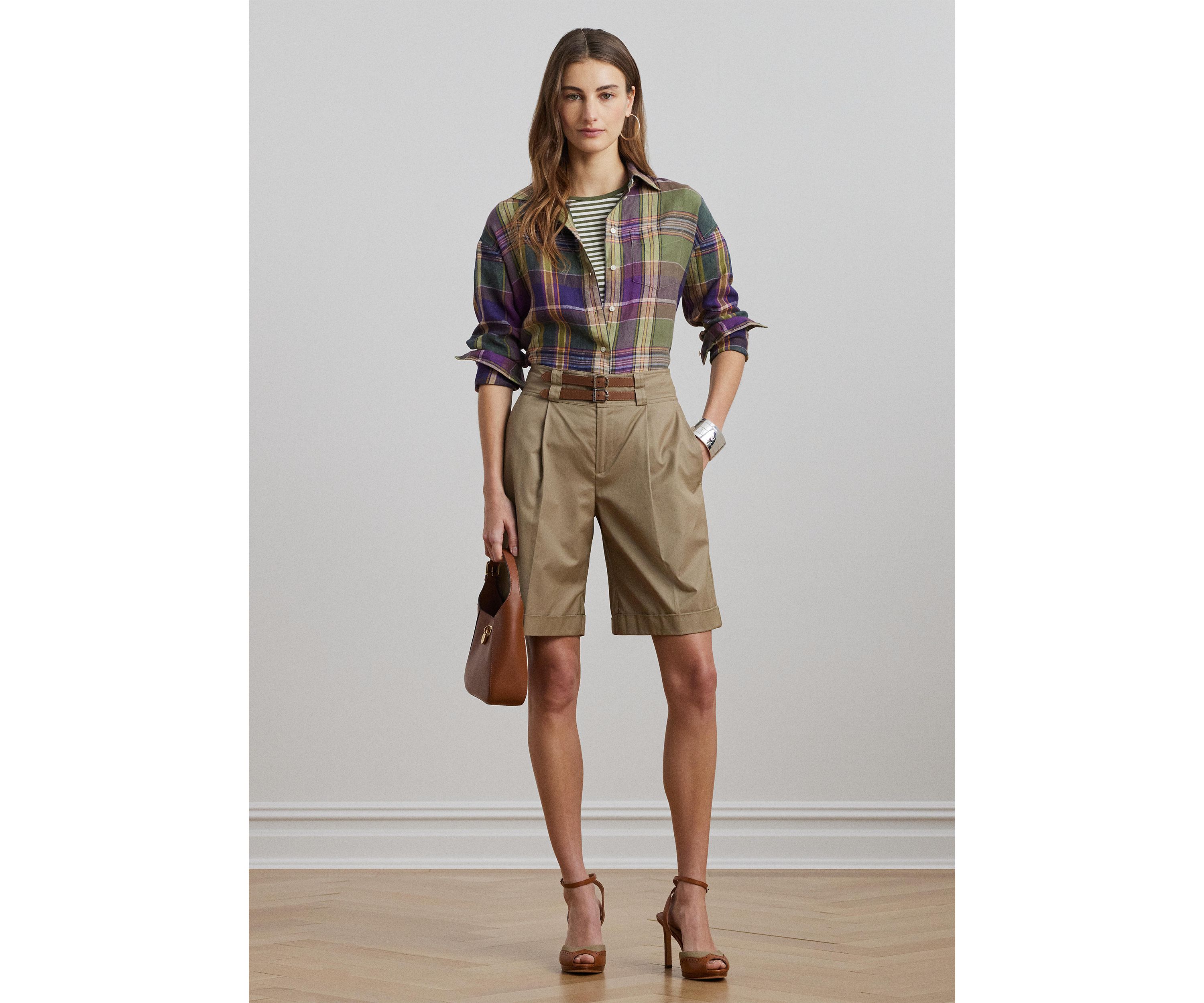 Womens Relaxed Fit Plaid Linen Shirt