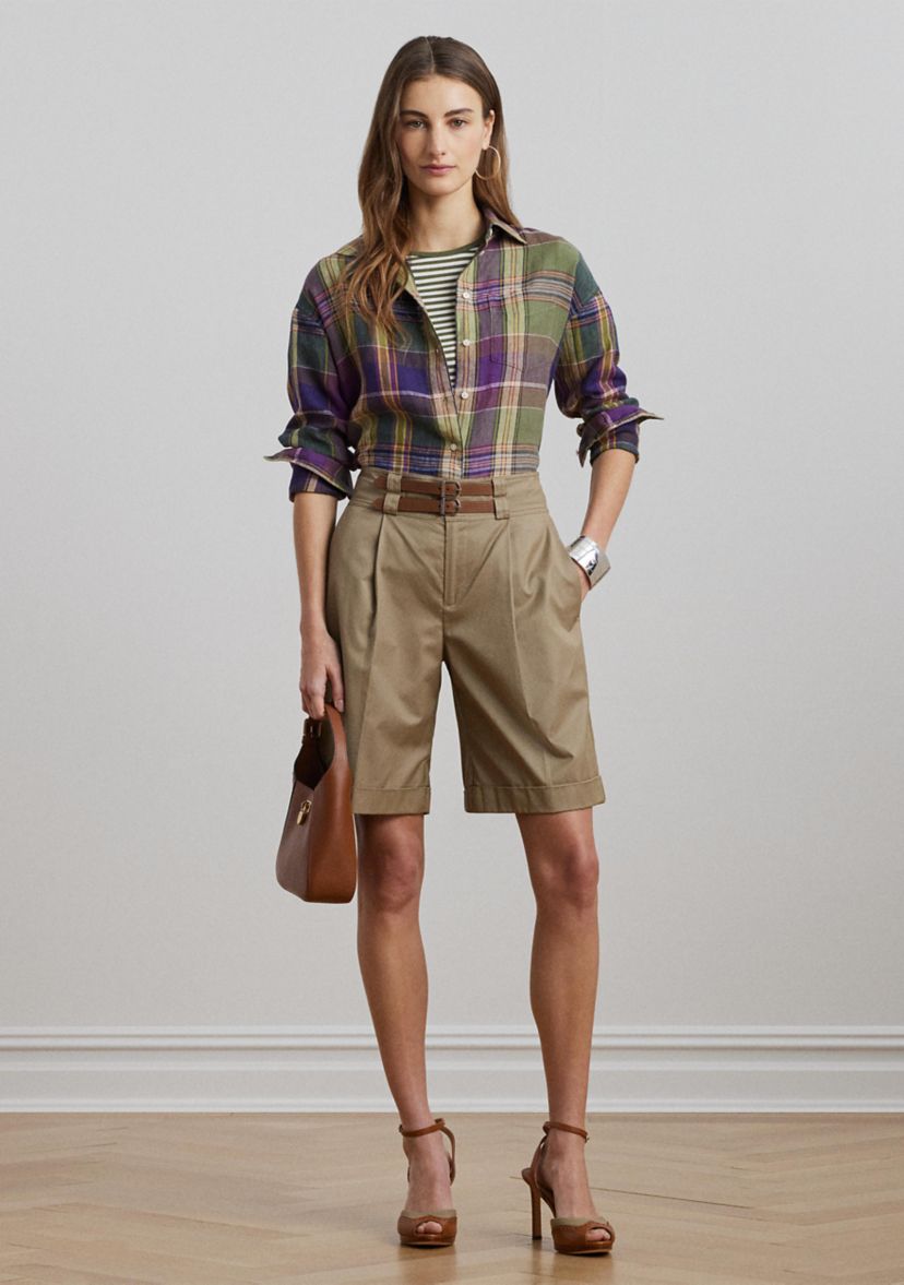 Womens Relaxed Fit Plaid Linen Shirt