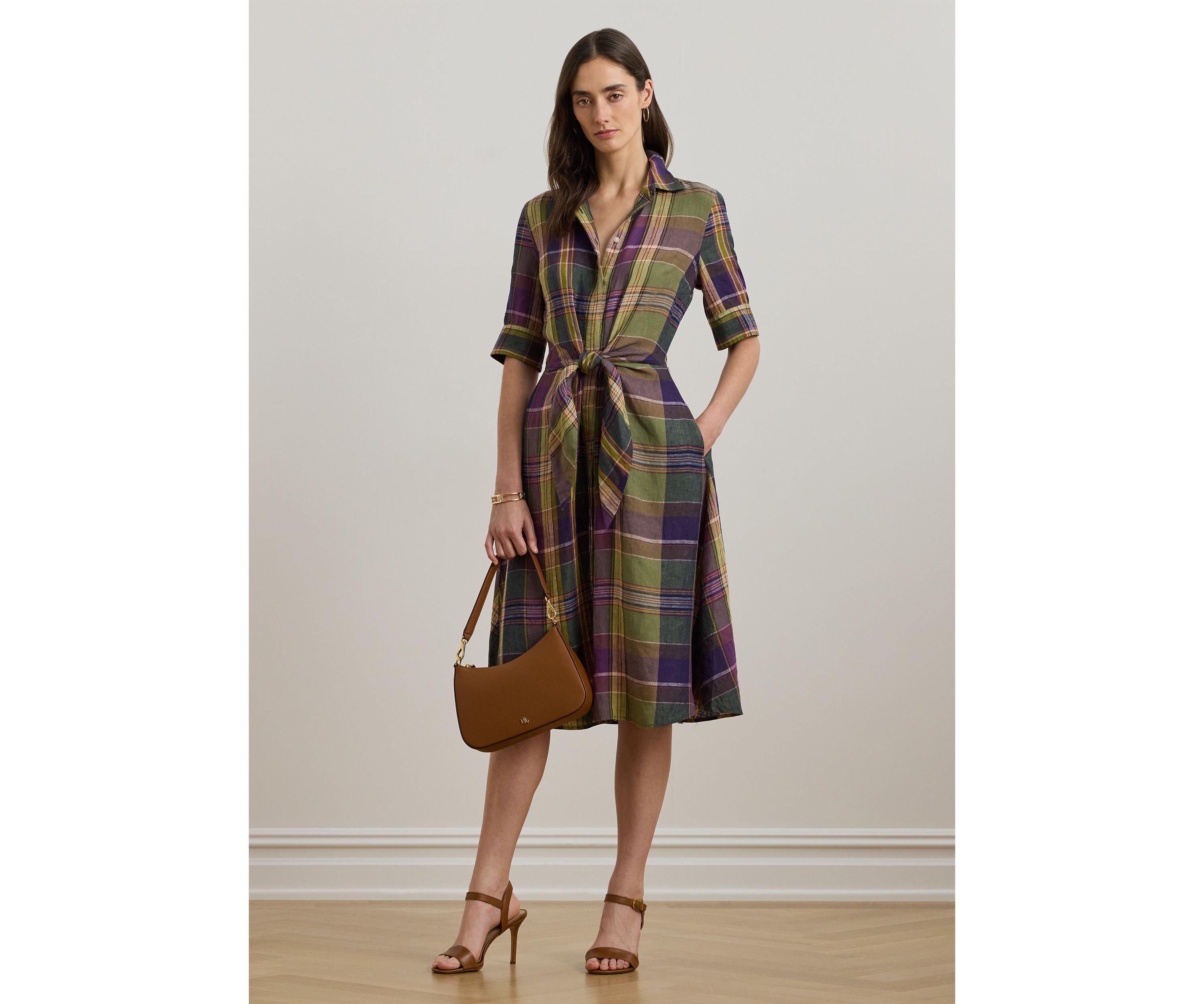 Womens Plaid Tie-Front Linen Shirtdress