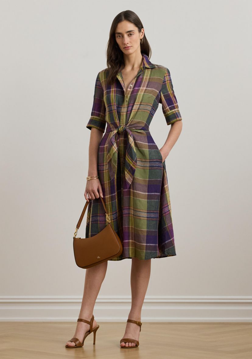 Womens Plaid Tie-Front Linen Shirtdress