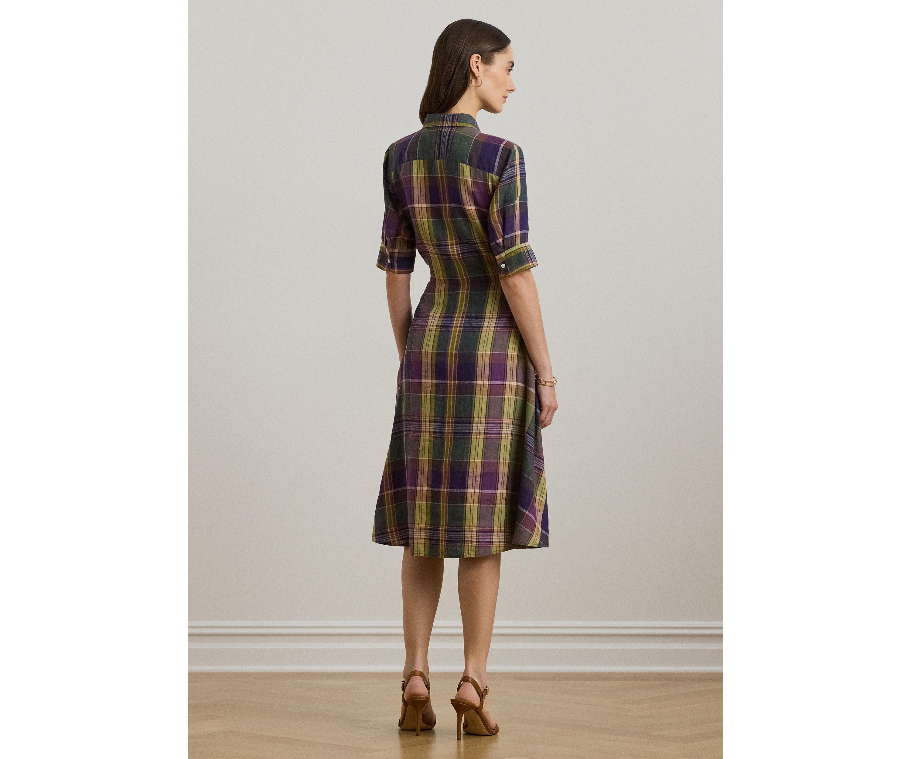 Womens Plaid Tie-Front Linen Shirtdress