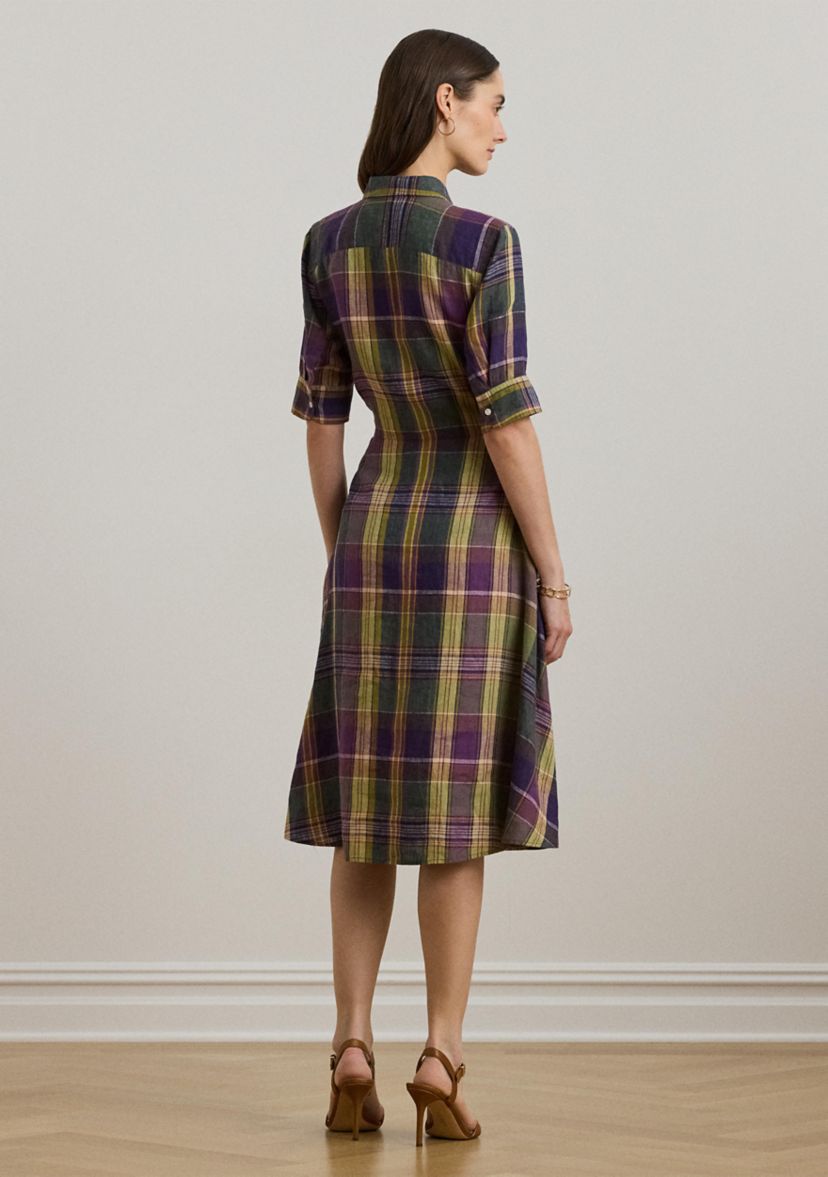 Womens Plaid Tie-Front Linen Shirtdress