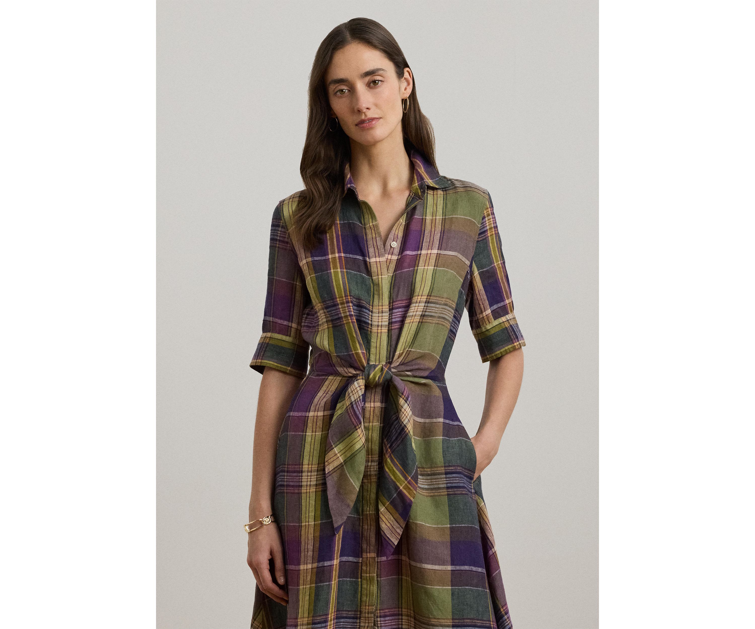 Womens Plaid Tie-Front Linen Shirtdress