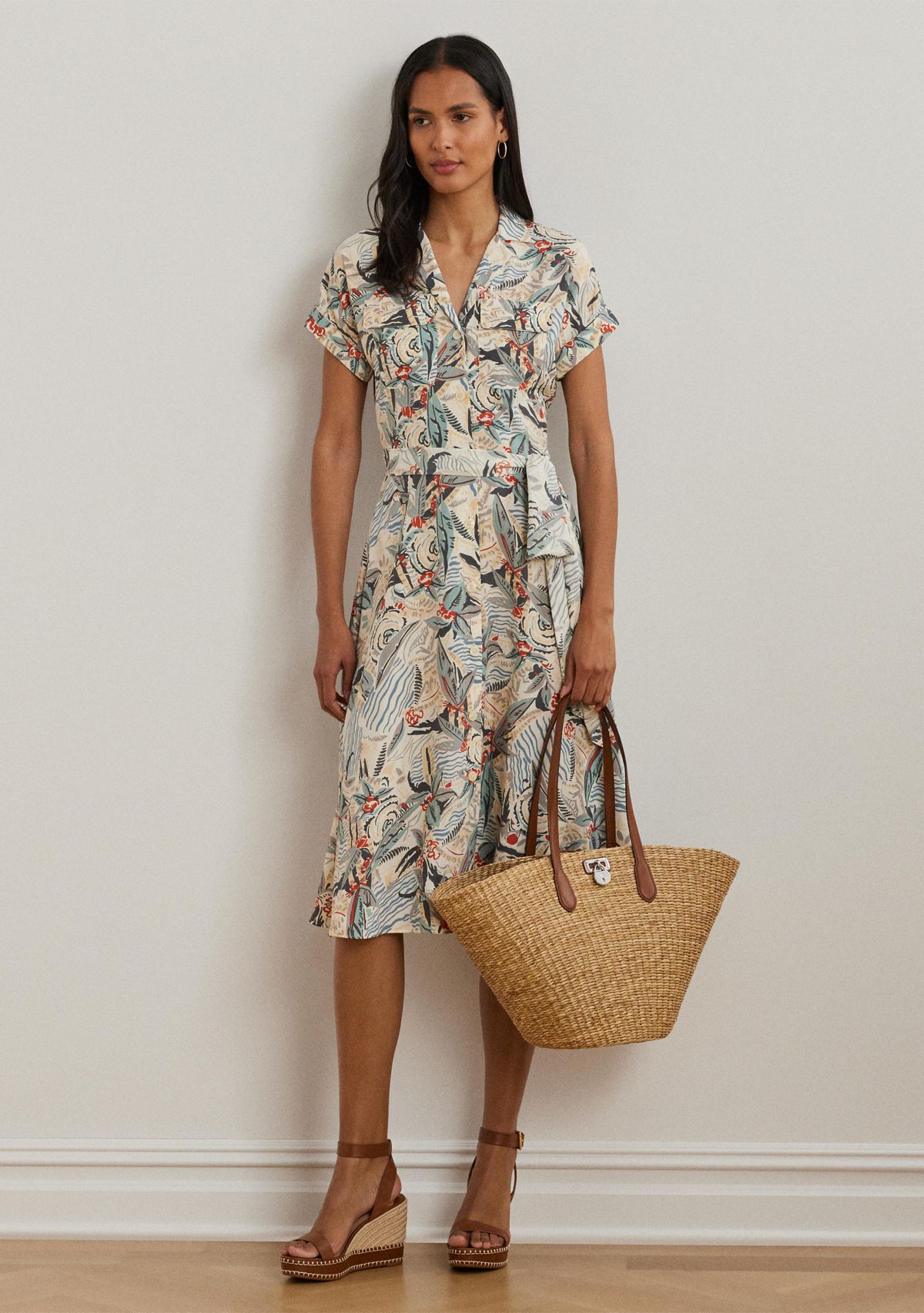 Print Belted Crepe Camp Shirtdress