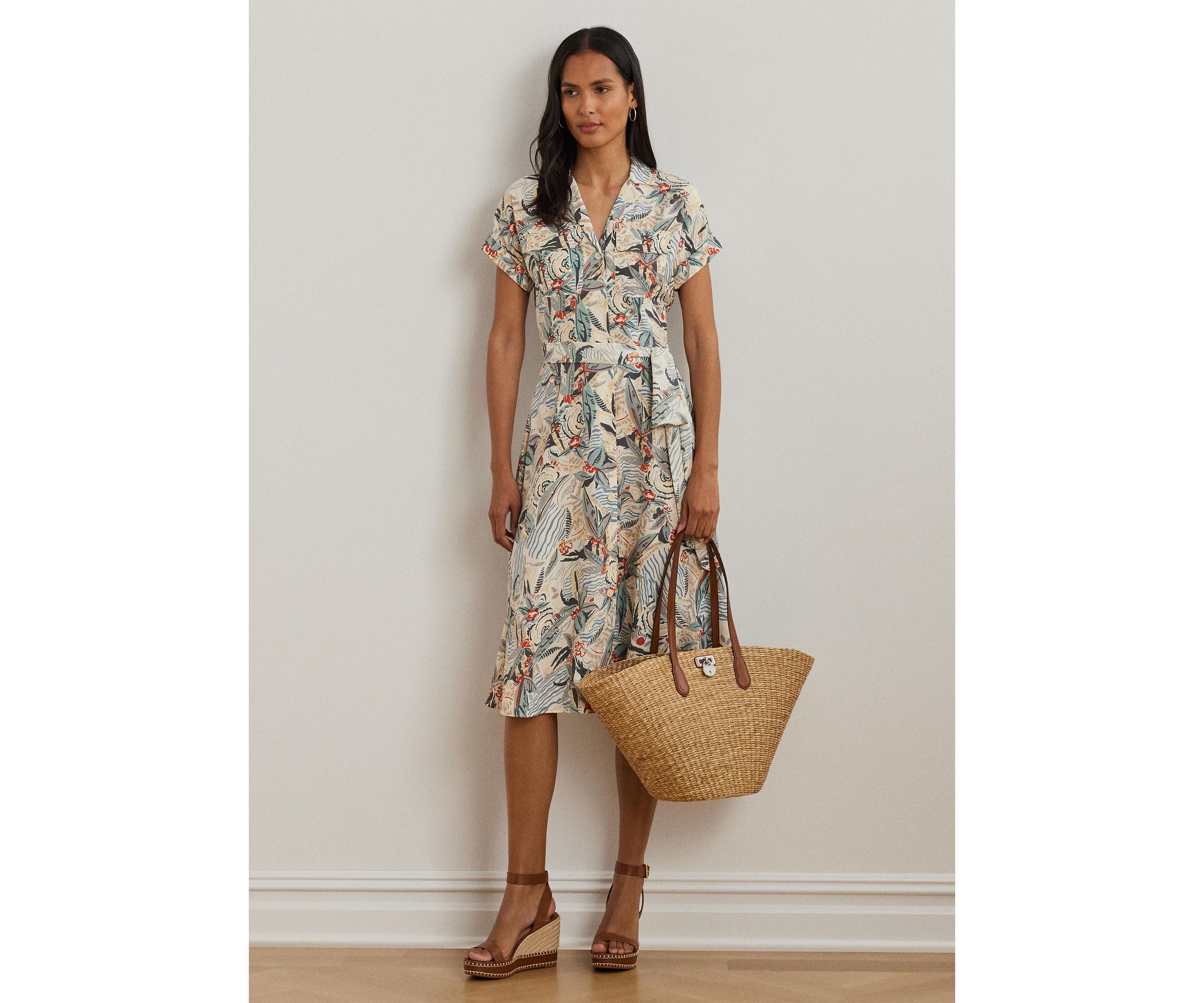 Print Belted Crepe Camp Shirtdress
