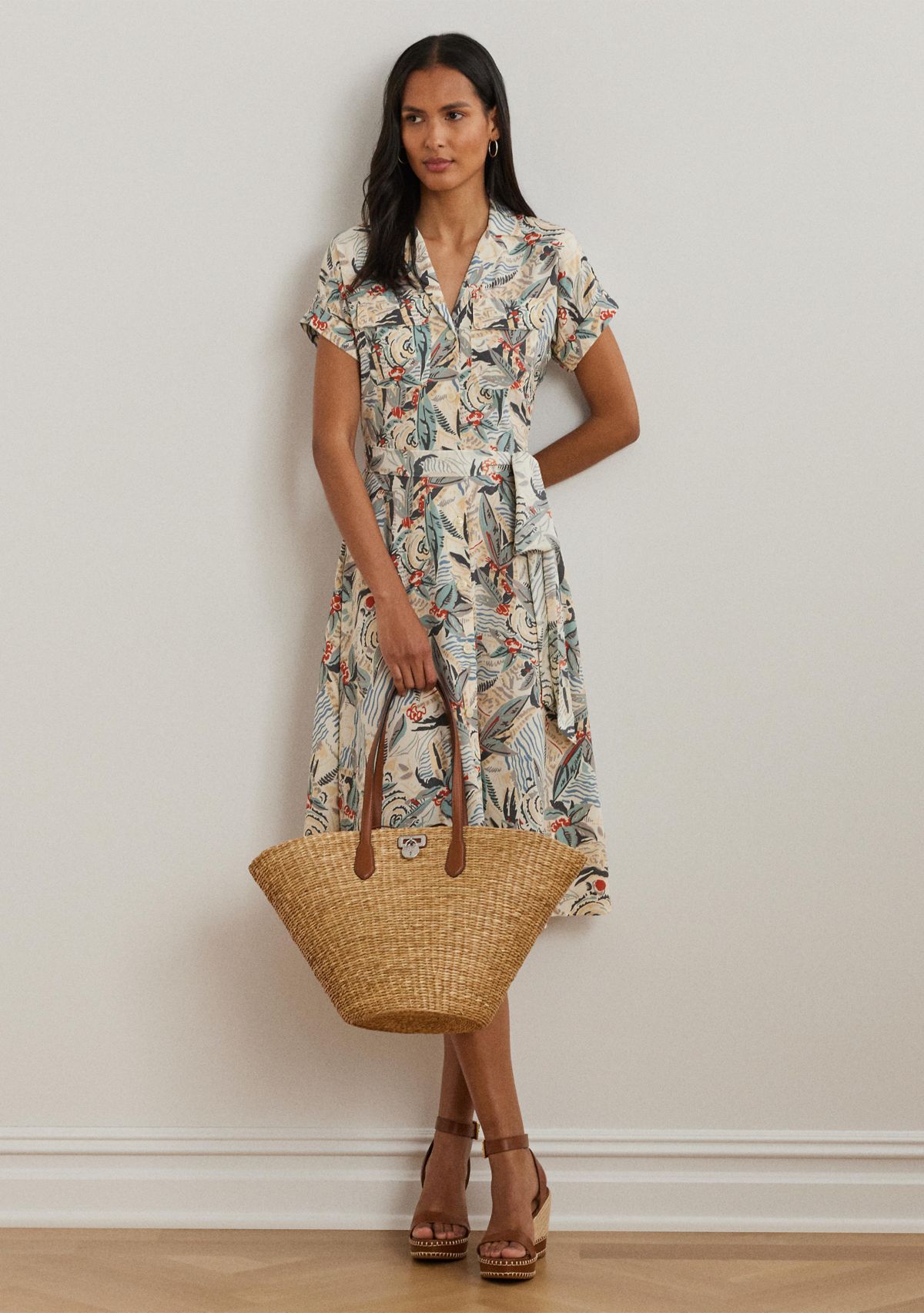 Print Belted Crepe Camp Shirtdress