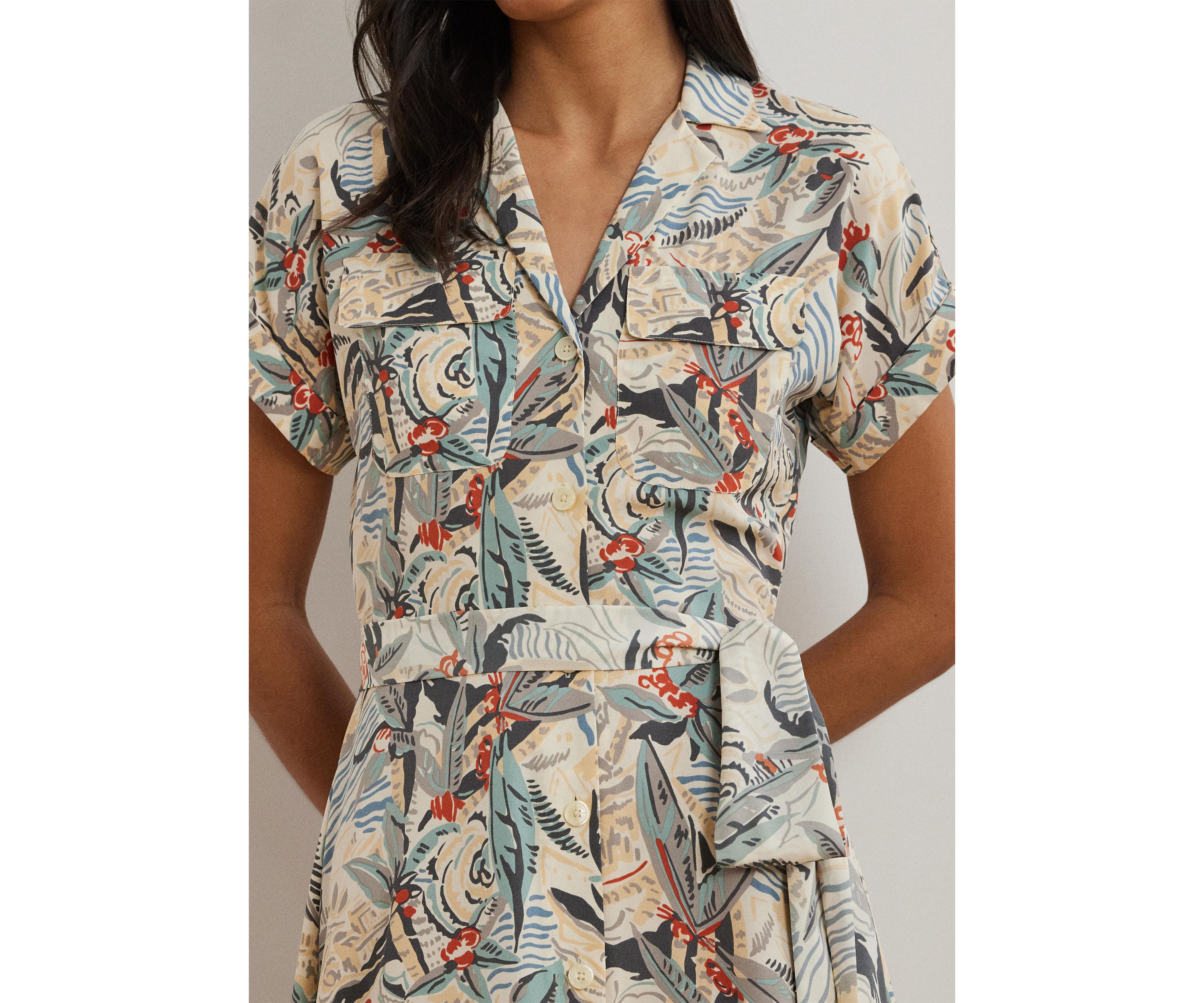 Print Belted Crepe Camp Shirtdress