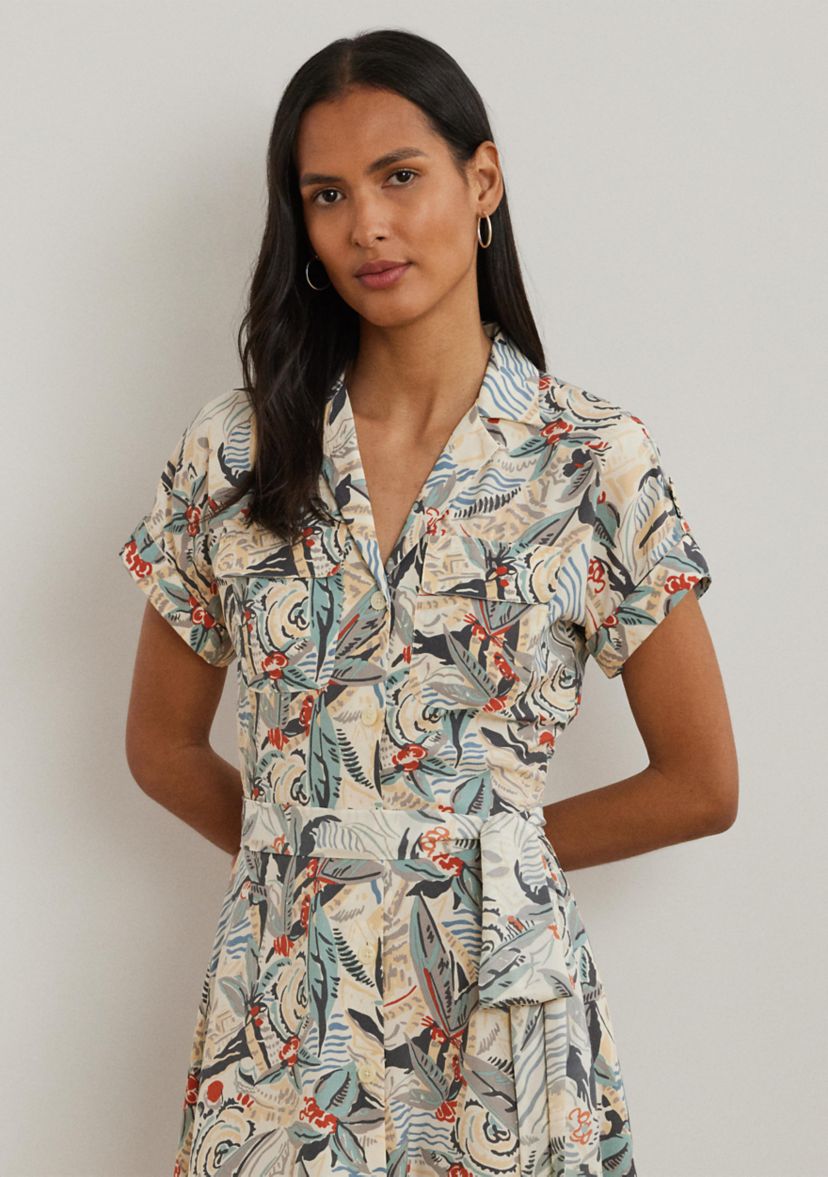 Print Belted Crepe Camp Shirtdress