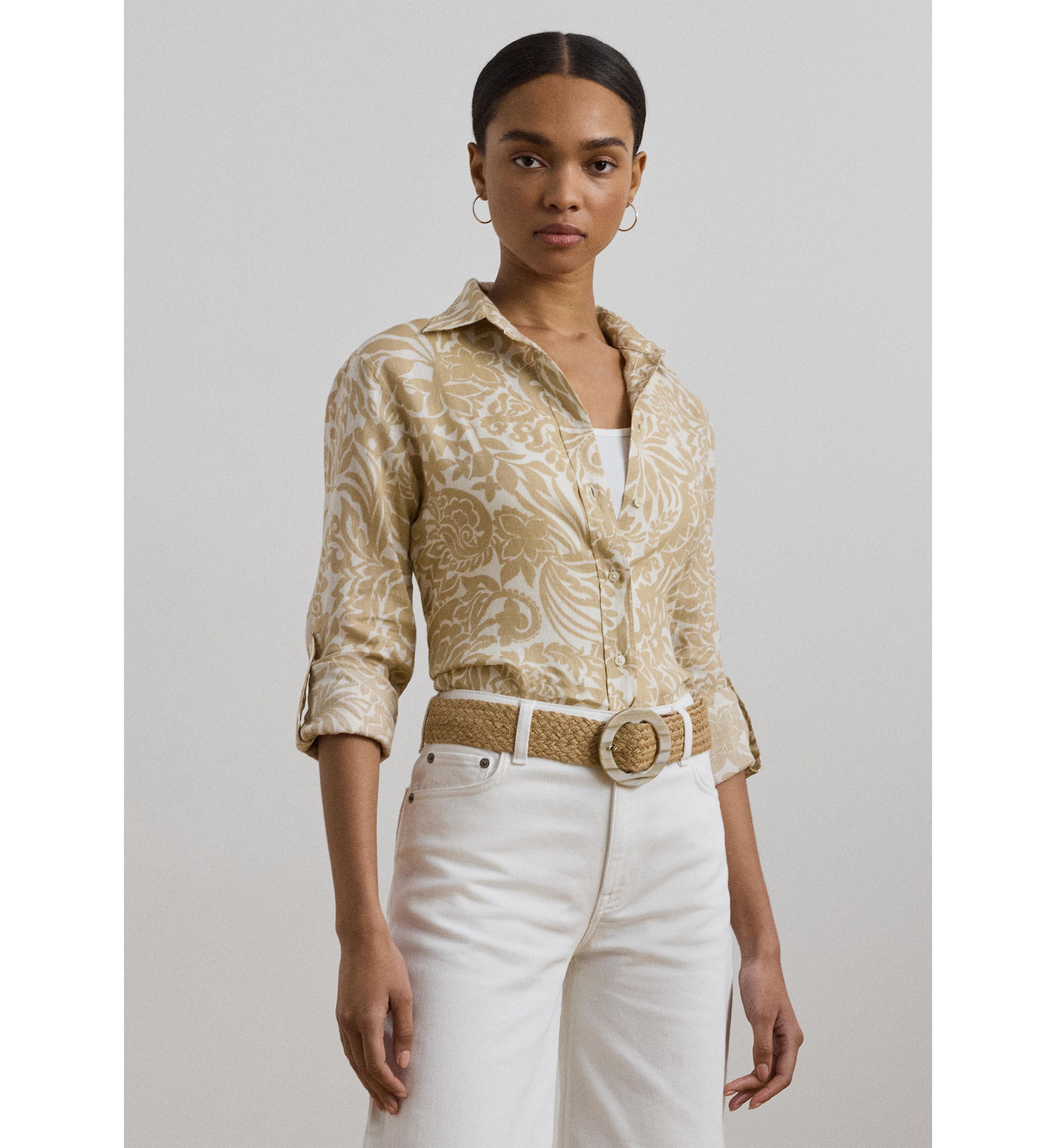 Womens Relaxed Fit Floral Linen Shirt