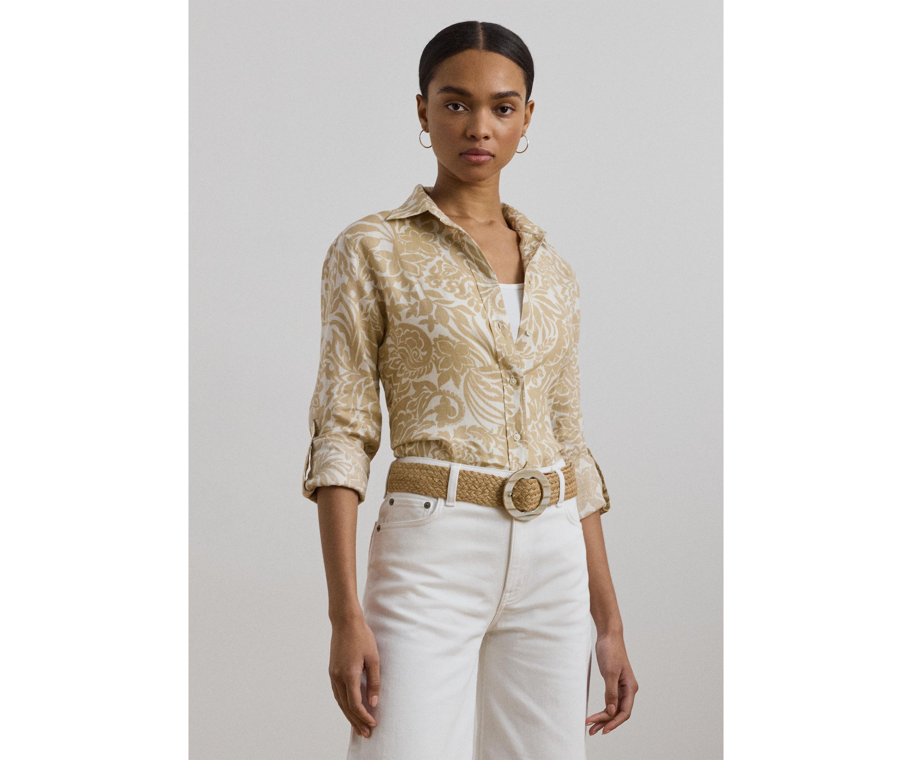 Womens Relaxed Fit Floral Linen Shirt