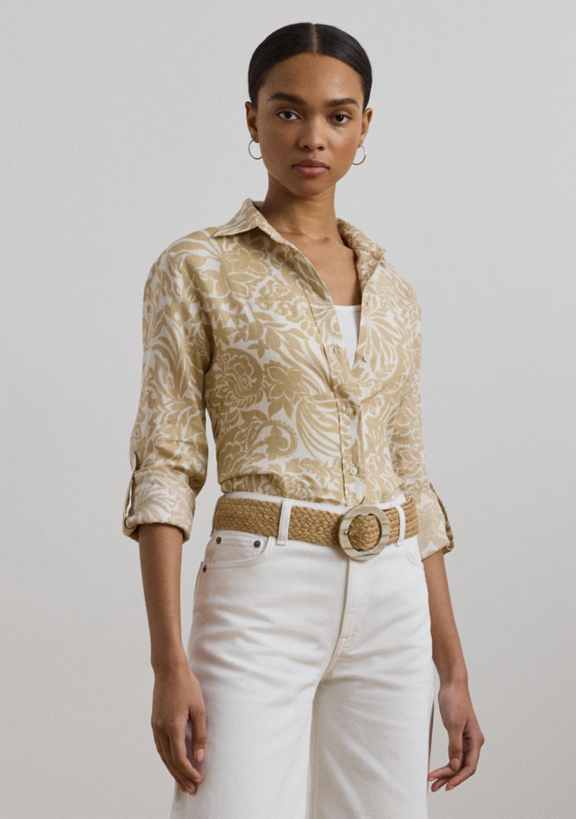 Womens Relaxed Fit Floral Linen Shirt