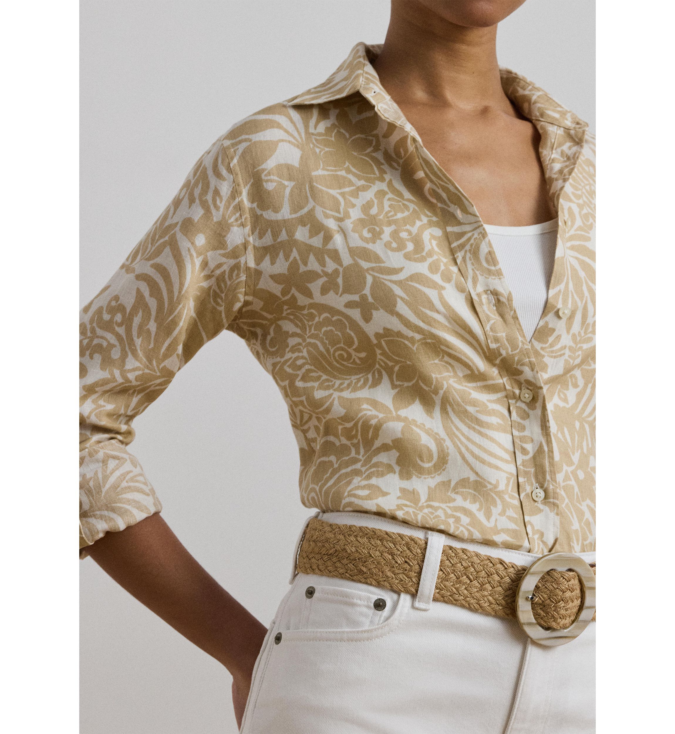 Womens Relaxed Fit Floral Linen Shirt