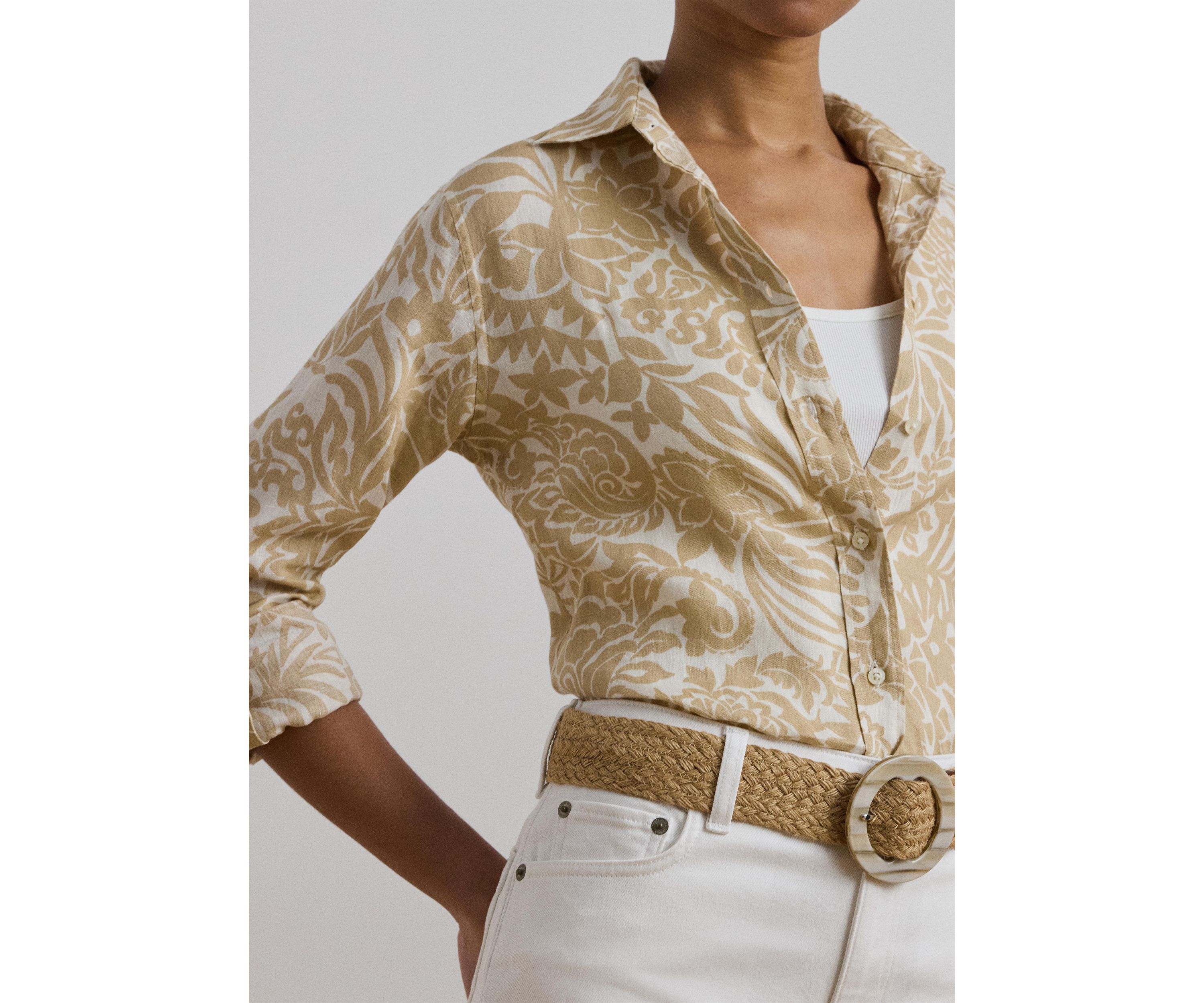 Womens Relaxed Fit Floral Linen Shirt