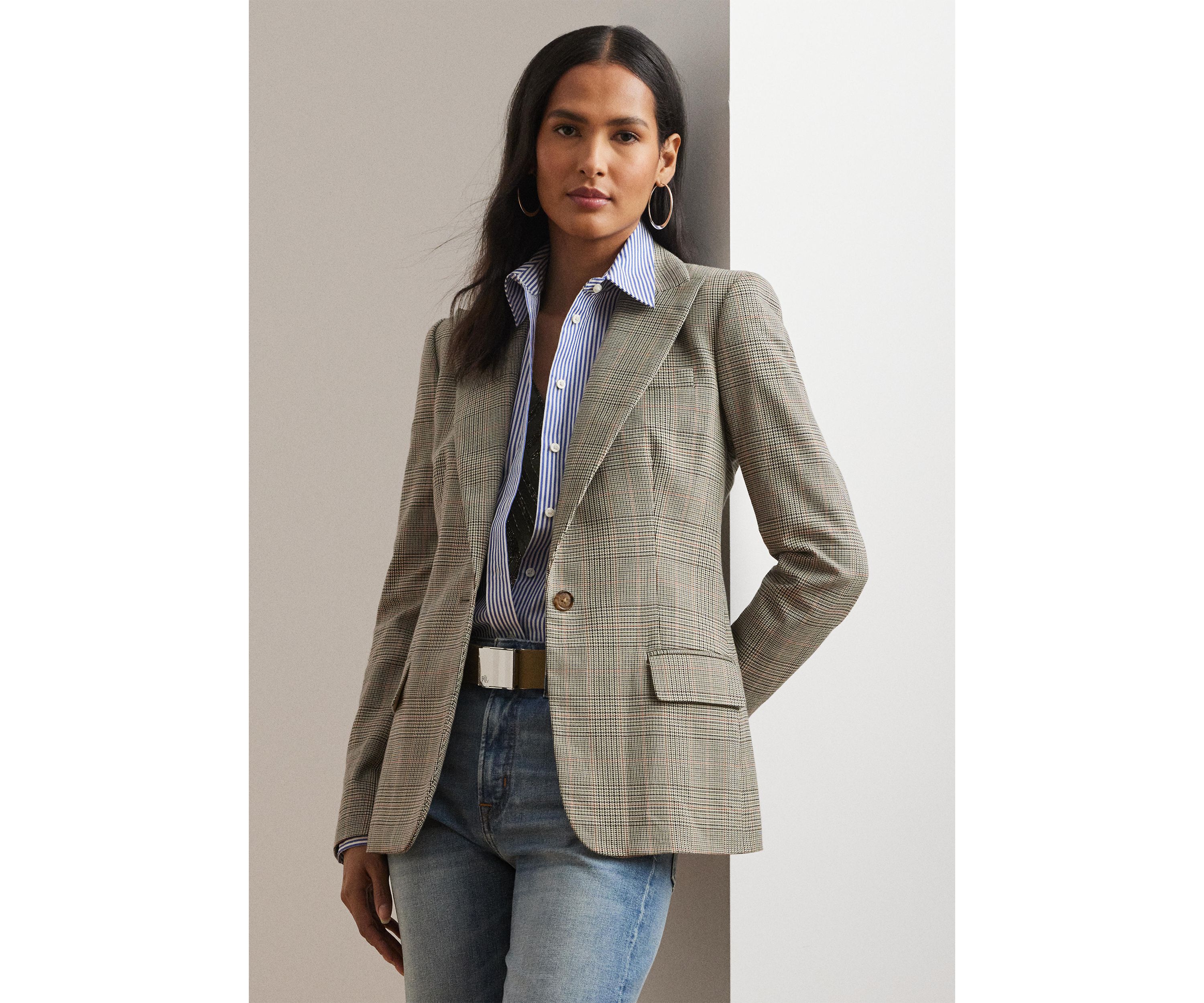 Womens Glen Plaid Cotton-Blend Twill Blazer