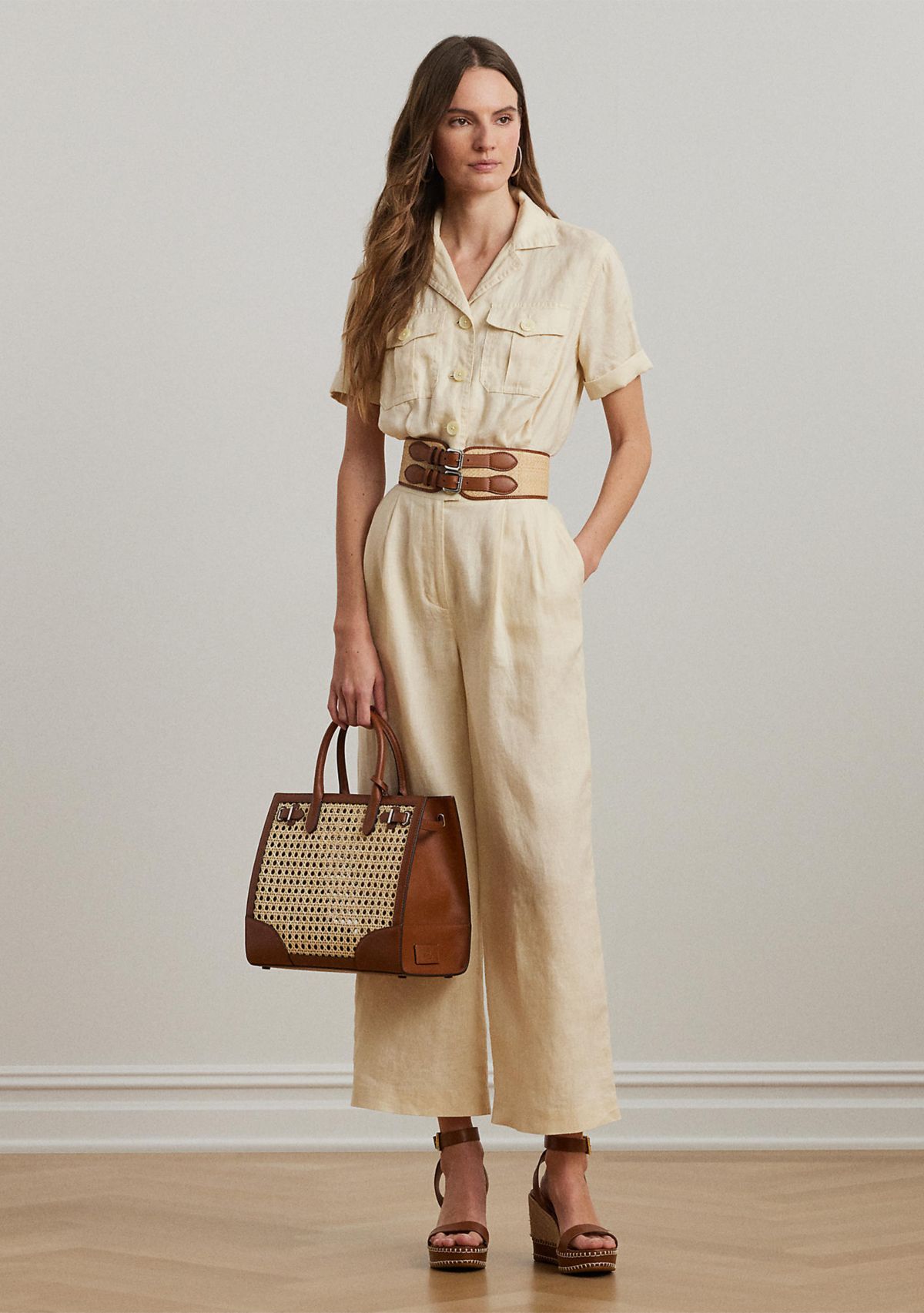 Embroidered Linen Short Sleeve Jumpsuit