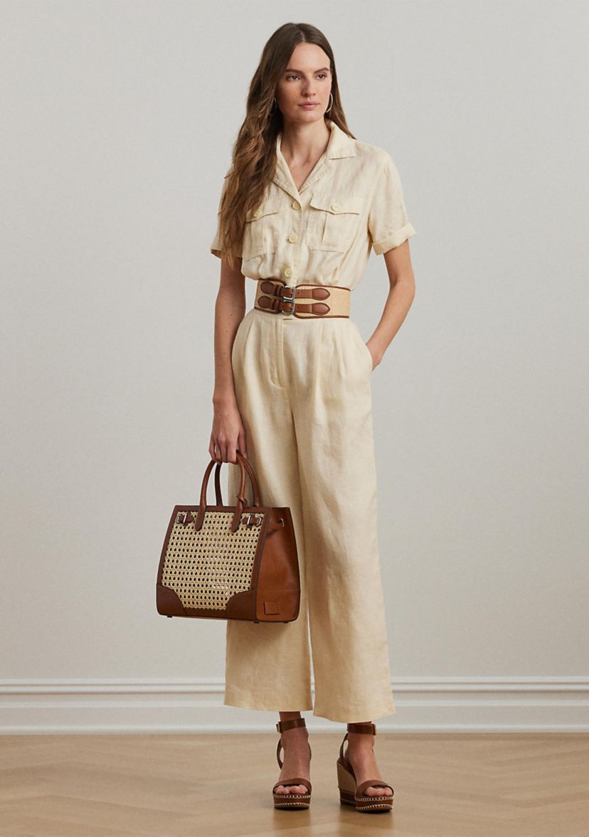 Embroidered Linen Short Sleeve Jumpsuit