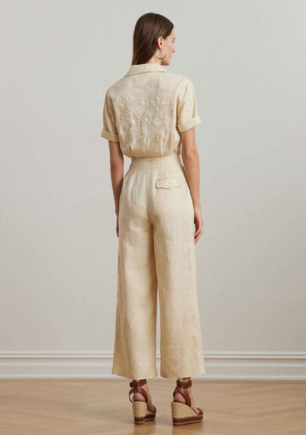 Embroidered Linen Short Sleeve Jumpsuit