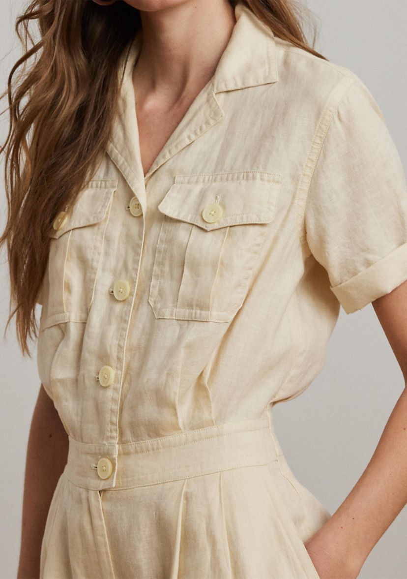 Embroidered Linen Short Sleeve Jumpsuit