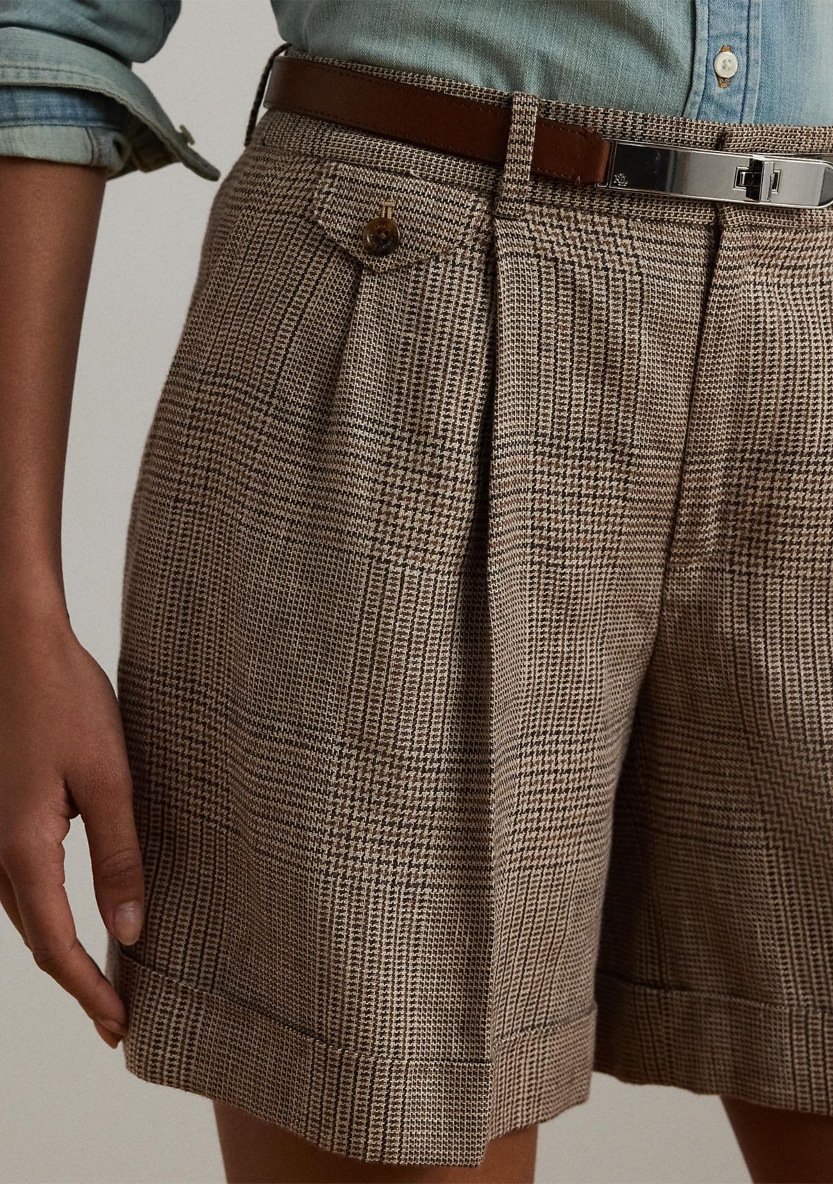 Glen Check Pleated Linen Twill Shorts