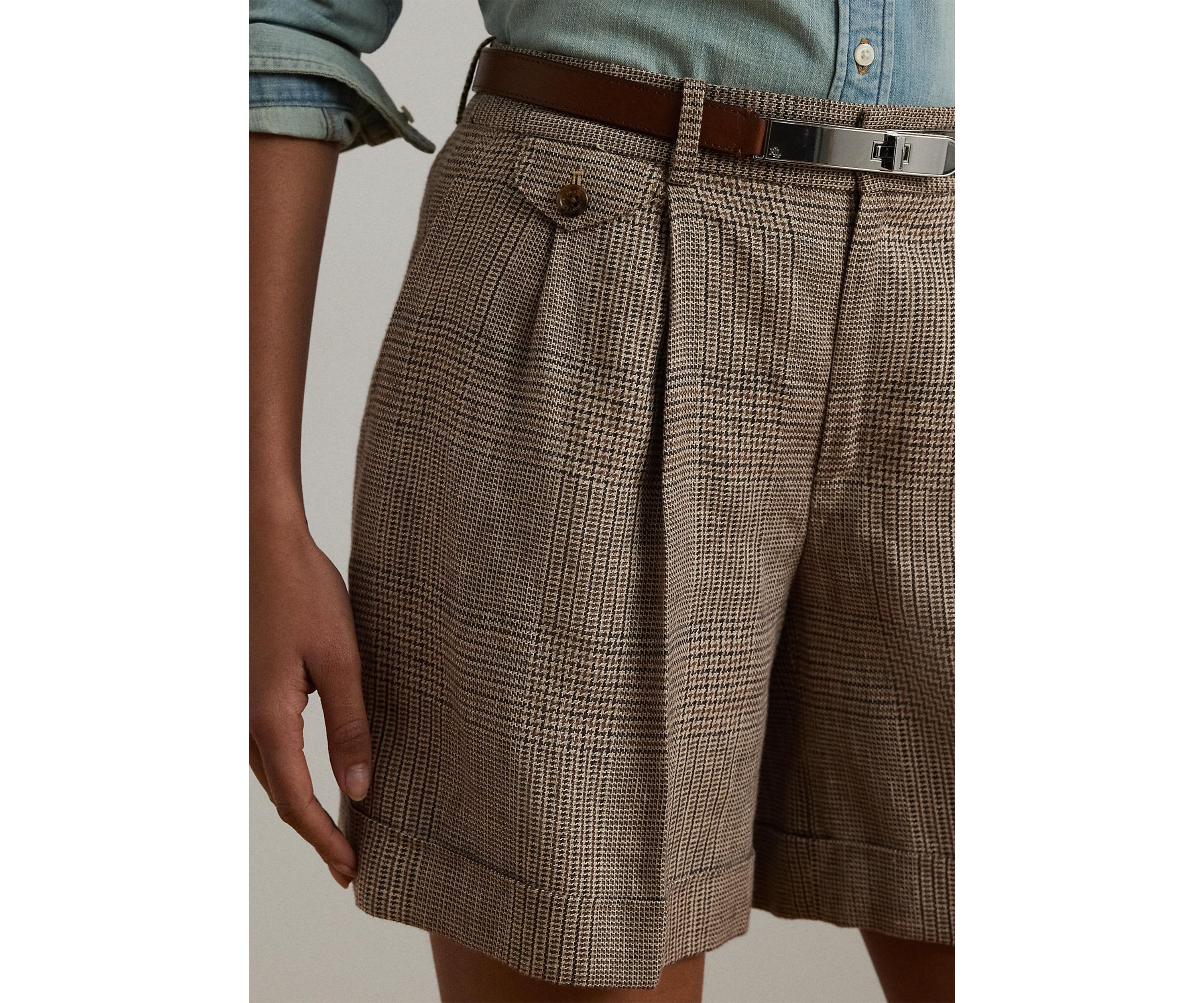 Glen Check Pleated Linen Twill Shorts