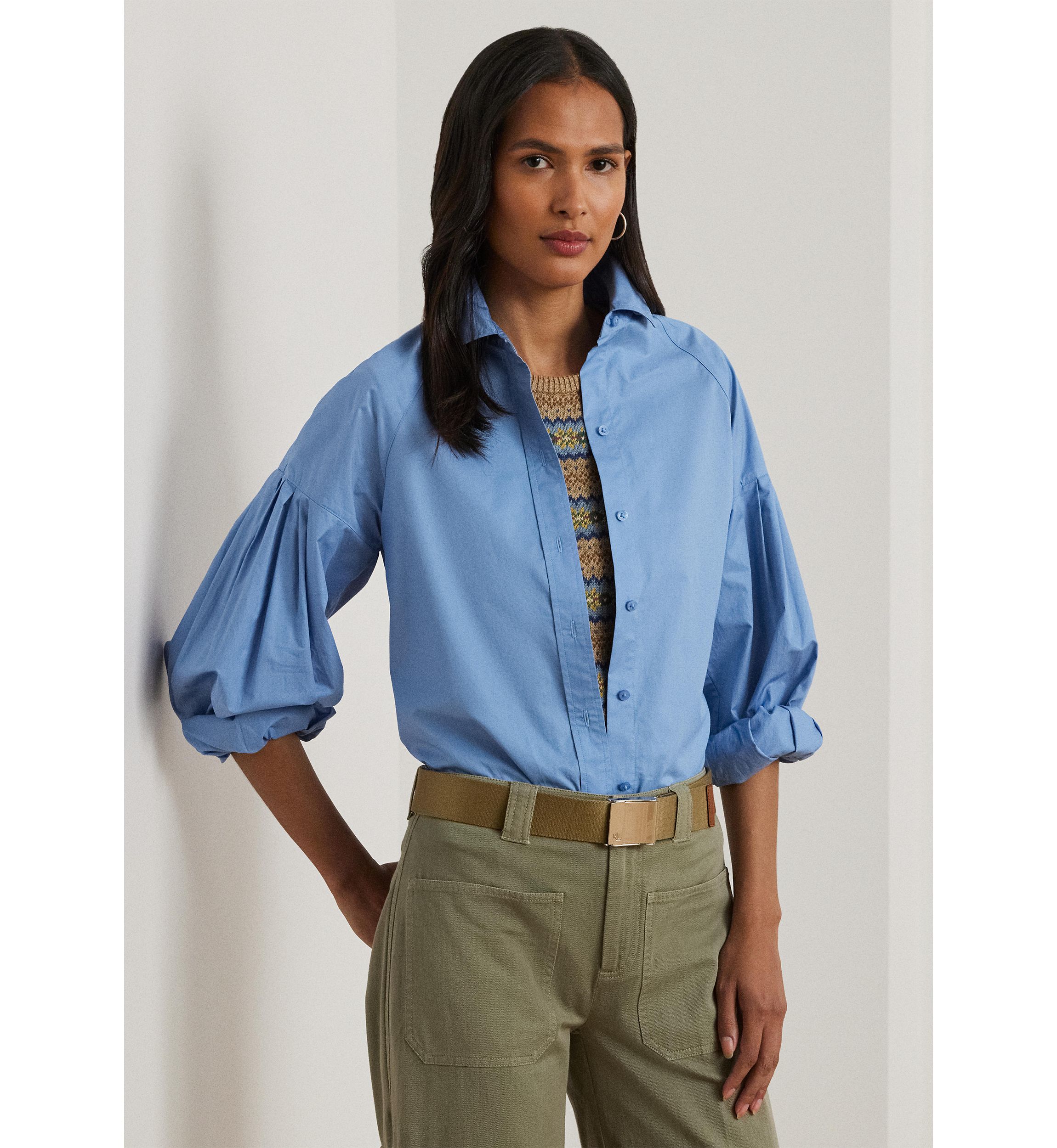 Womens Cotton Poplin Blouson-Sleeve Shirt